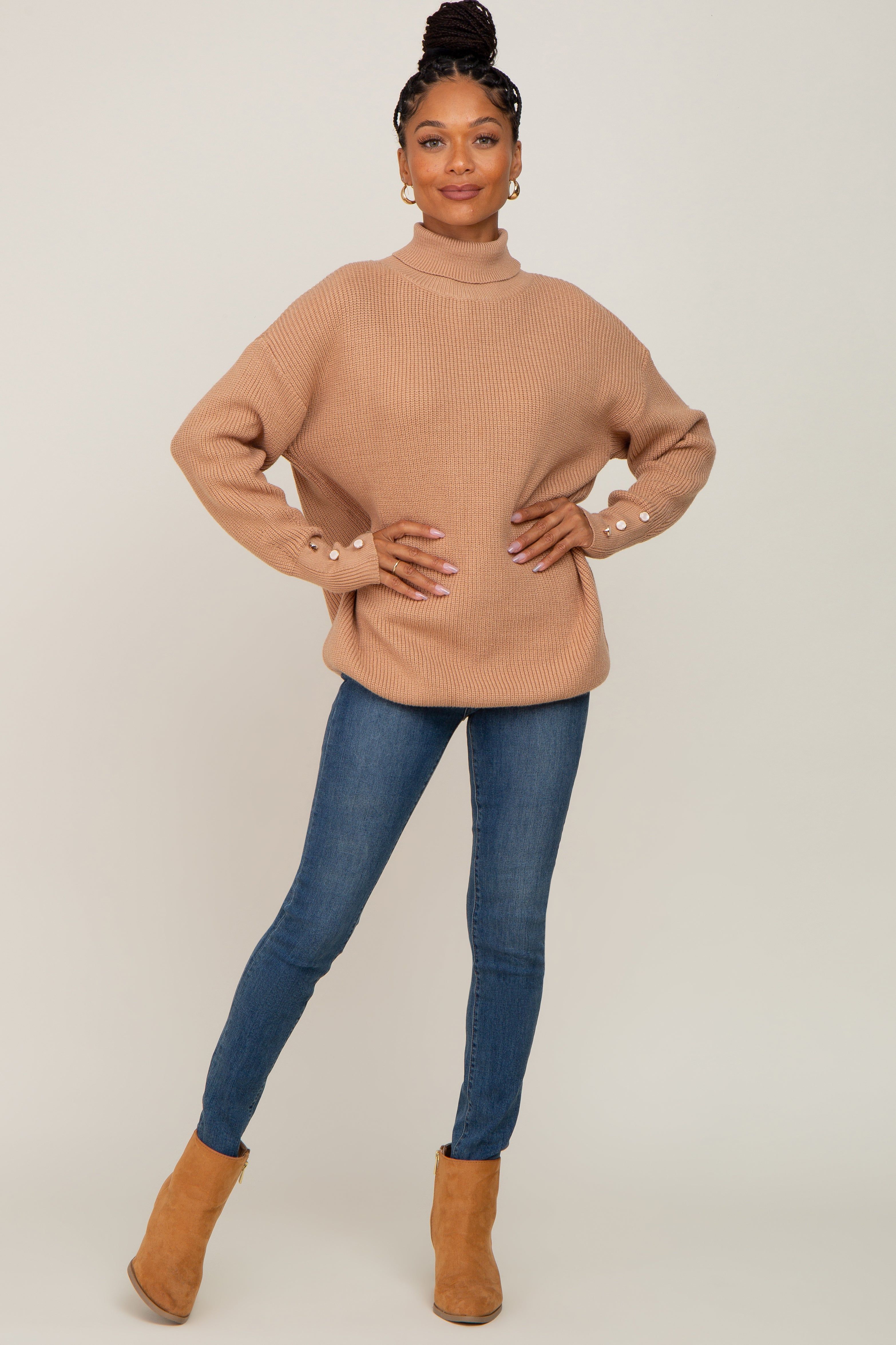 Camel Button Accent Turtleneck Sweater sold by Pinkblush product image thumbnail 4