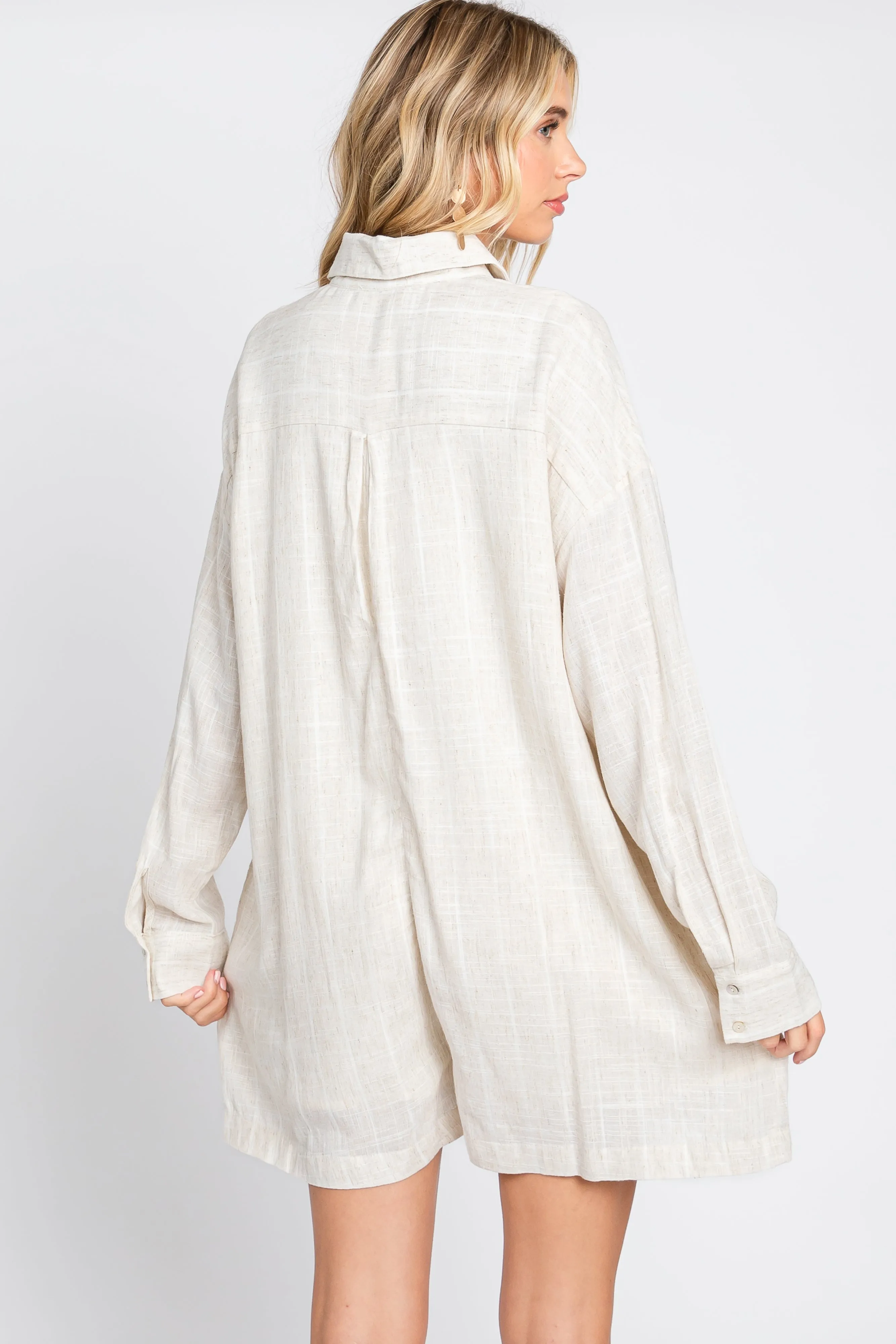 Beige Button Front Long Sleeve Linen Romper sold by Pinkblush product image thumbnail 3