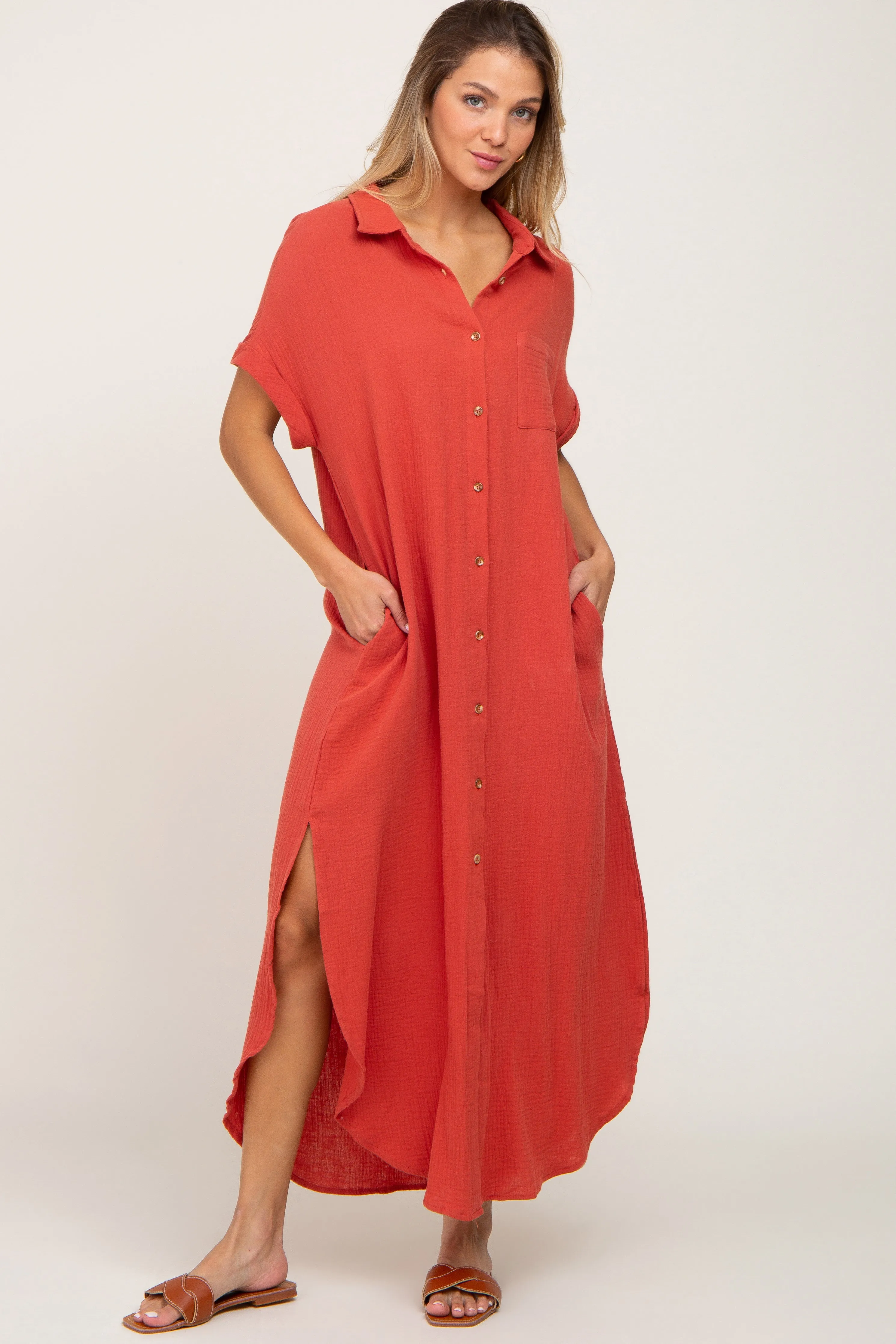 Rust Button Down Maternity Midi Dress sold by Pinkblush product image thumbnail 4