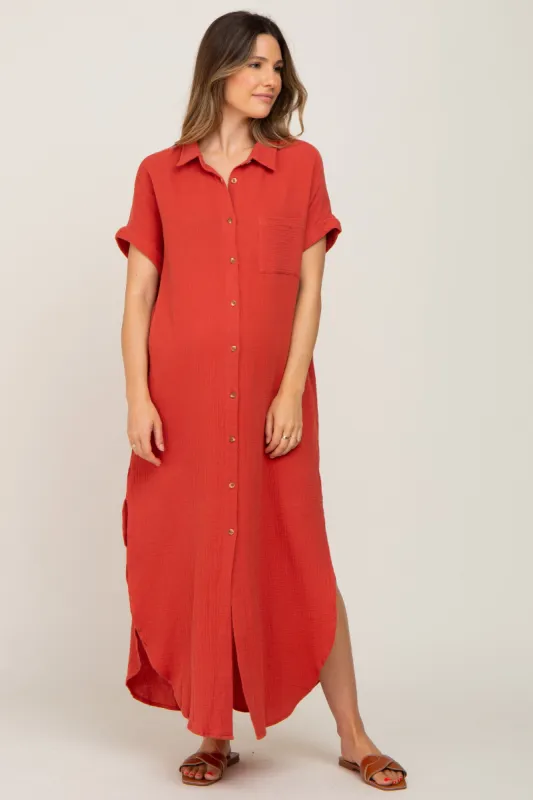 Rust Button Down Maternity Midi Dress sold by Pinkblush