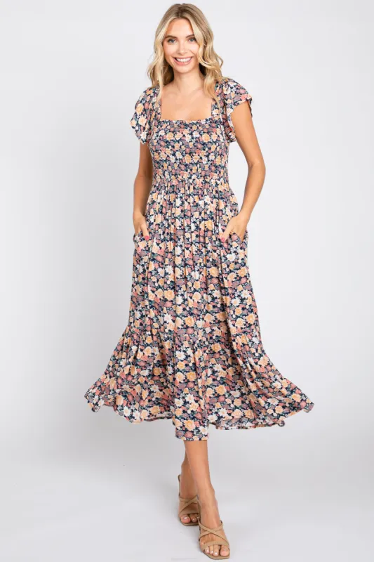 Black Floral Off Shoulder Smocked Midi Dress sold by Pinkblush