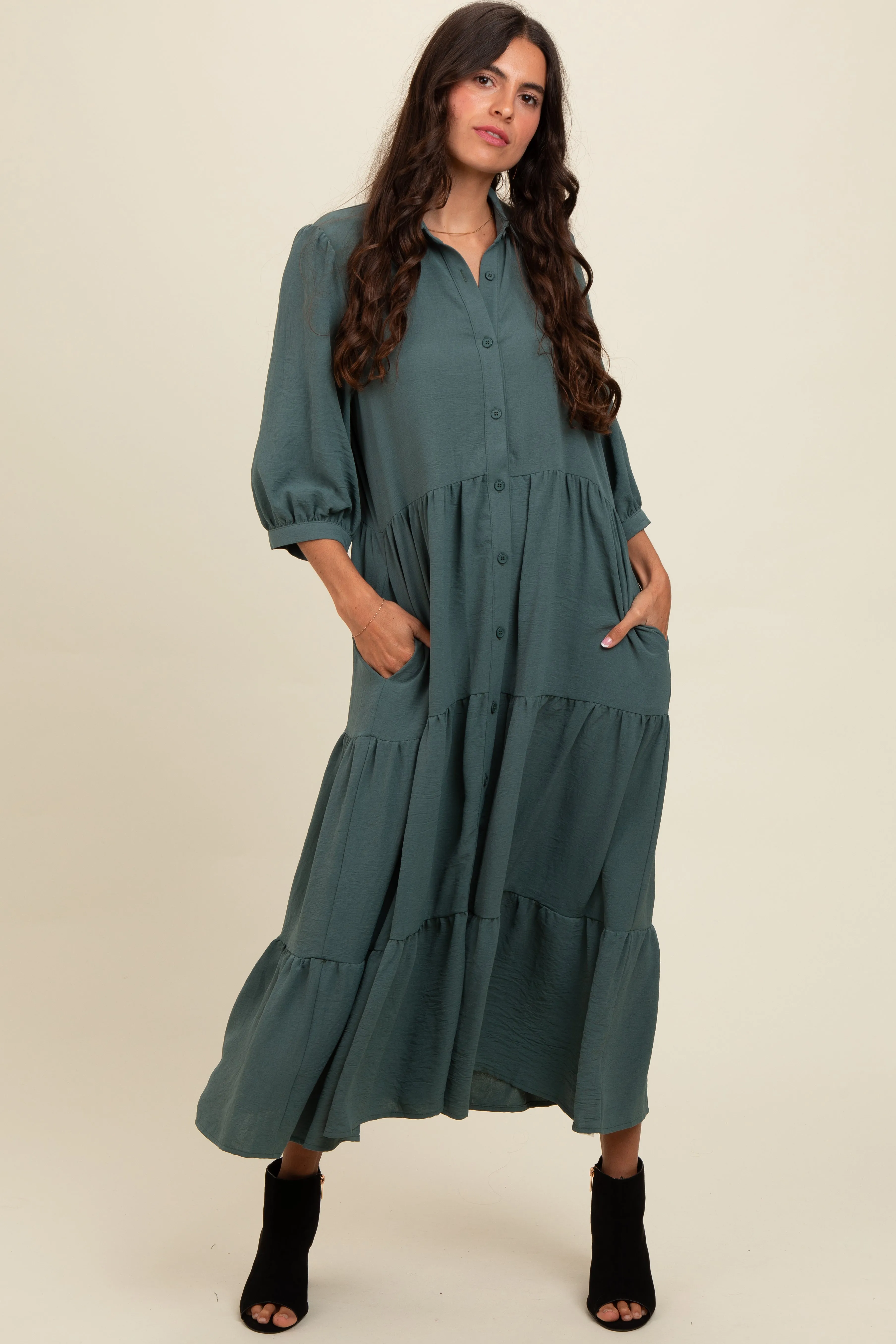 Light Olive Tiered Button Down Maternity Midi Dress sold by Pinkblush product image thumbnail 4