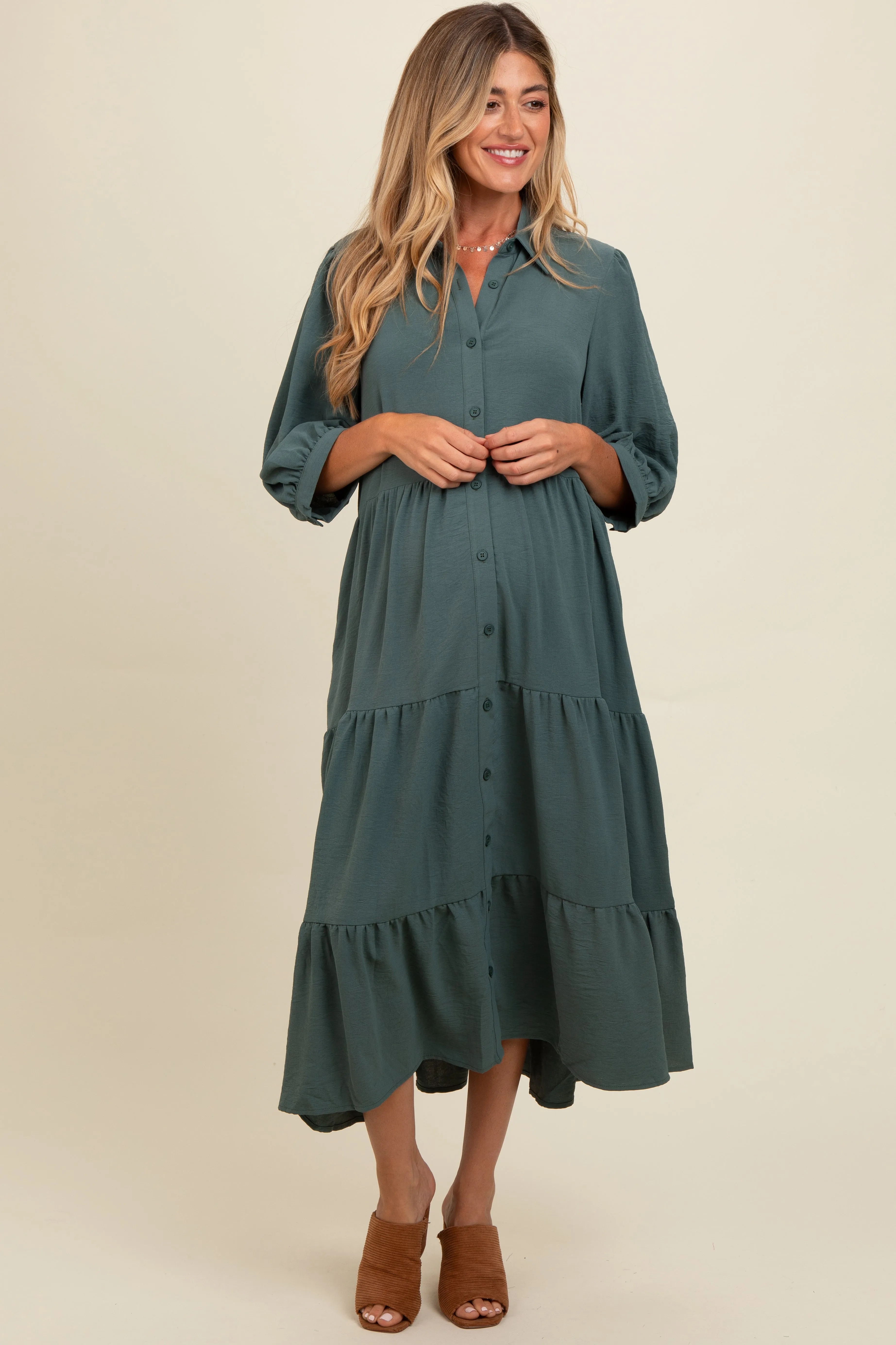 Light Olive Tiered Button Down Maternity Midi Dress sold by Pinkblush