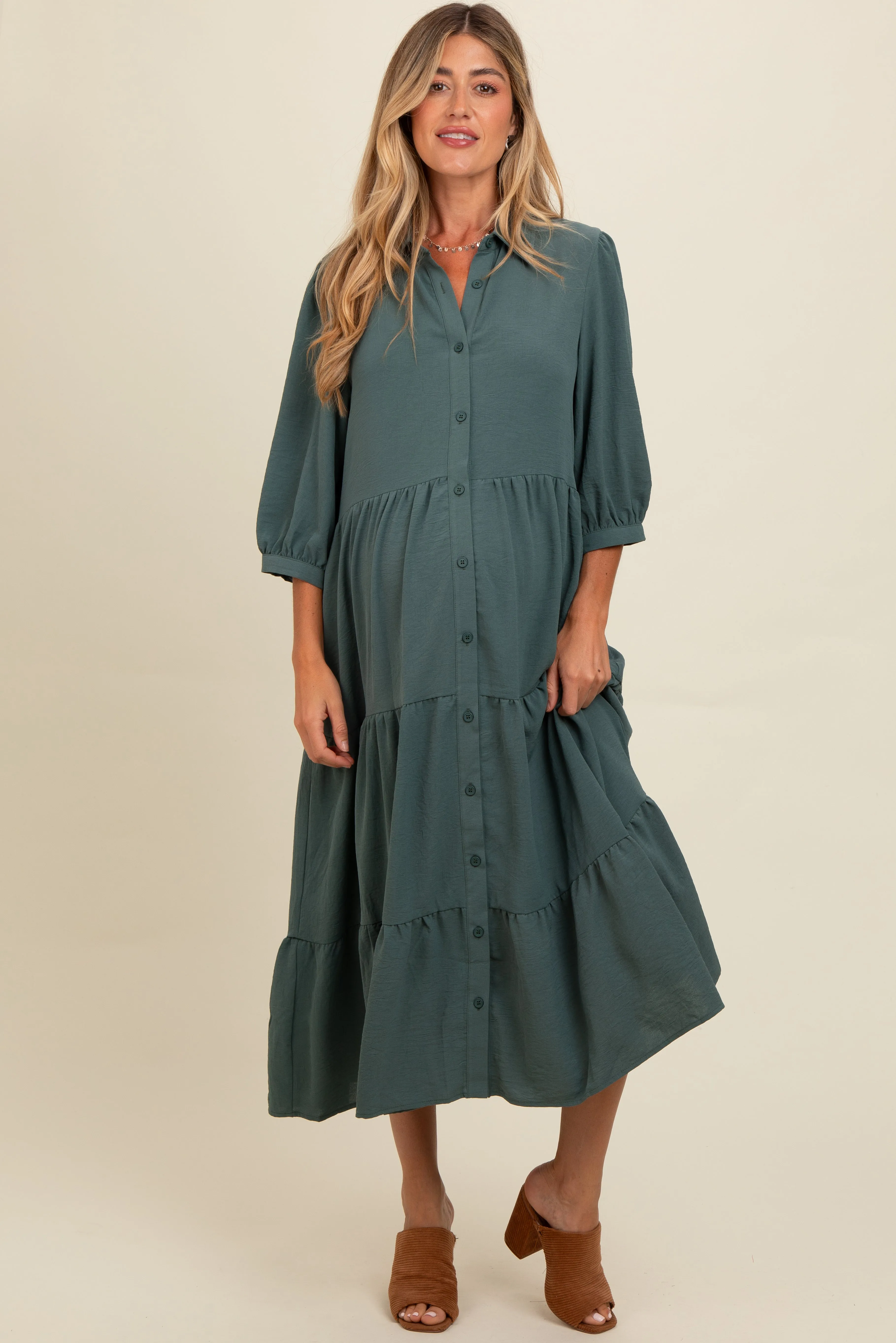 Light Olive Tiered Button Down Maternity Midi Dress sold by Pinkblush product image thumbnail 2