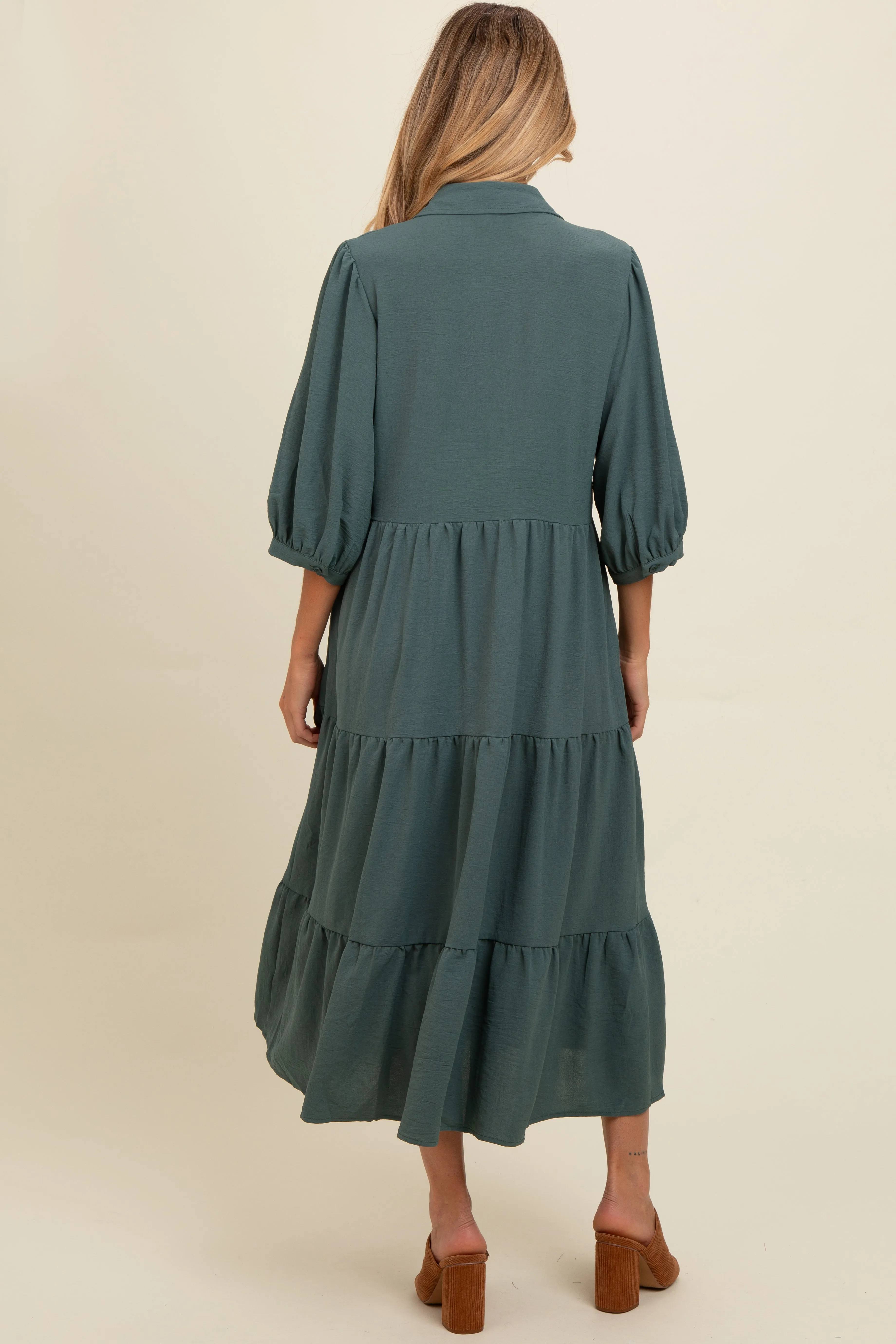 Light Olive Tiered Button Down Maternity Midi Dress sold by Pinkblush product image thumbnail 3