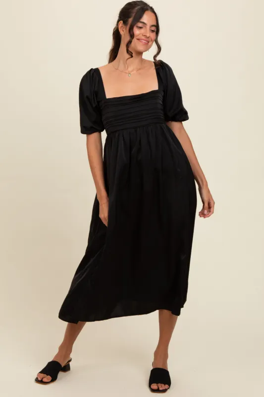 Black Satin Pleated Bodice Puff Sleeve Midi Dress sold by Pinkblush