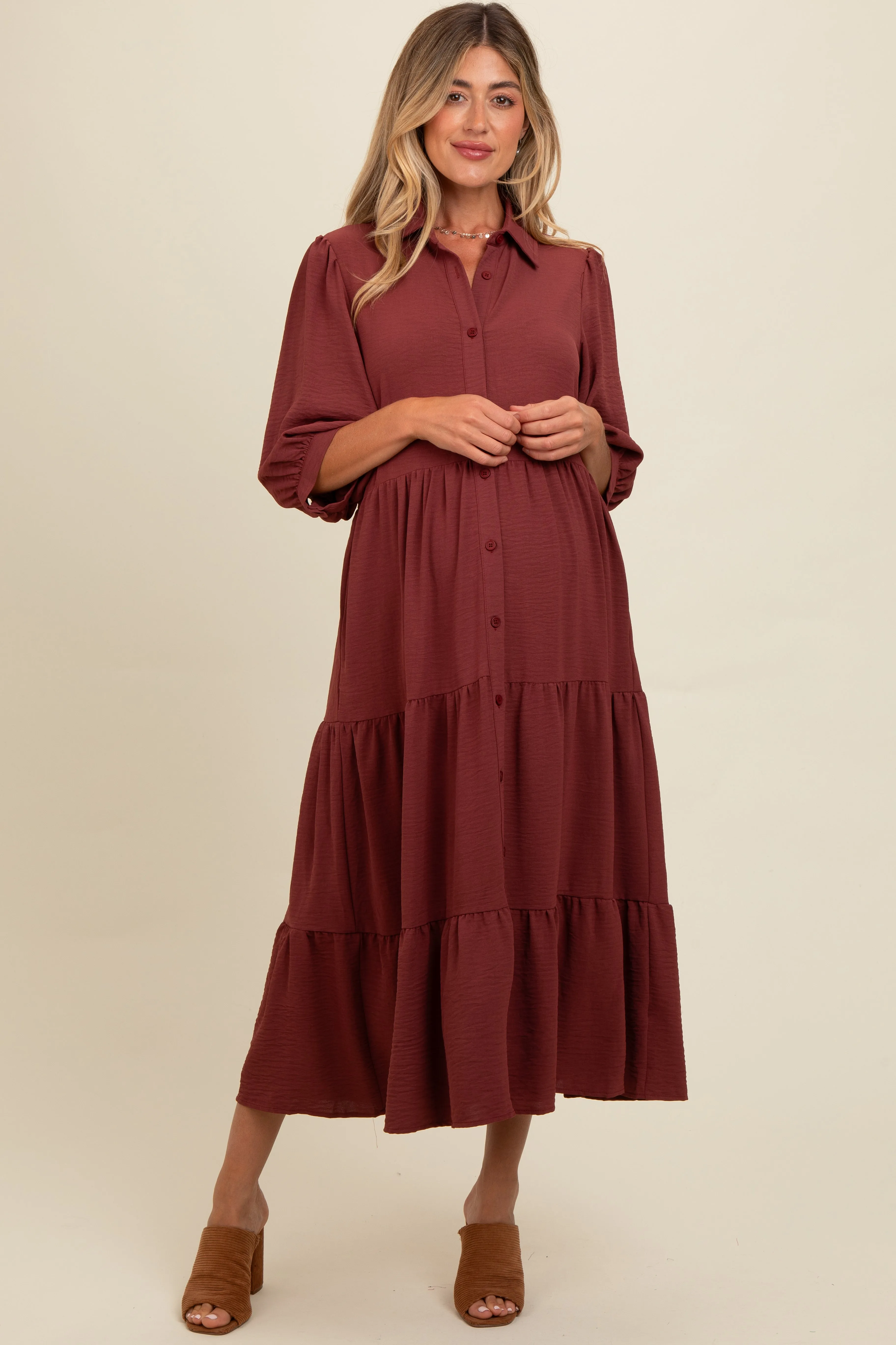 Brown Tiered Button Down Maternity Midi Dress sold by Pinkblush