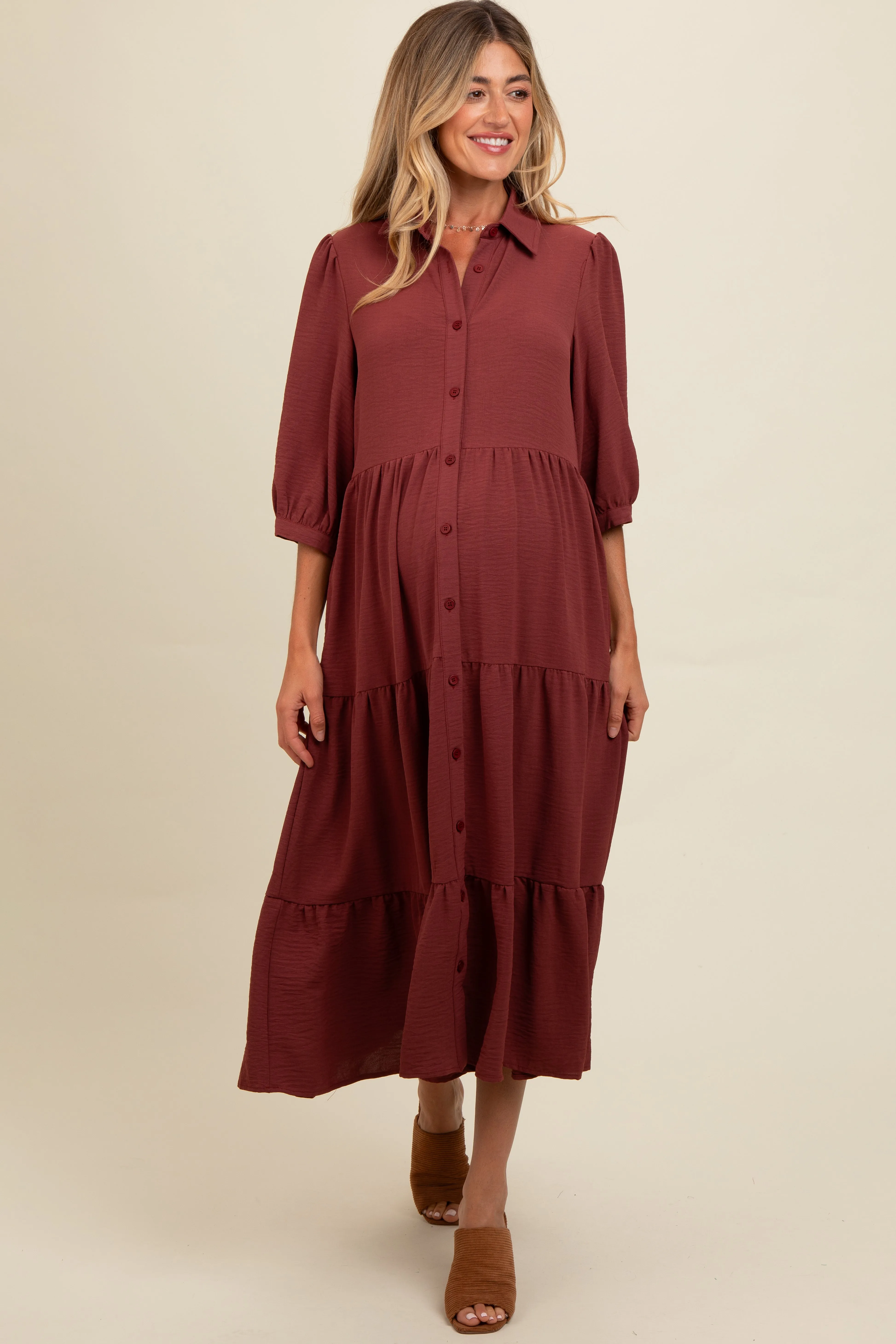 Brown Tiered Button Down Maternity Midi Dress sold by Pinkblush product image thumbnail 2
