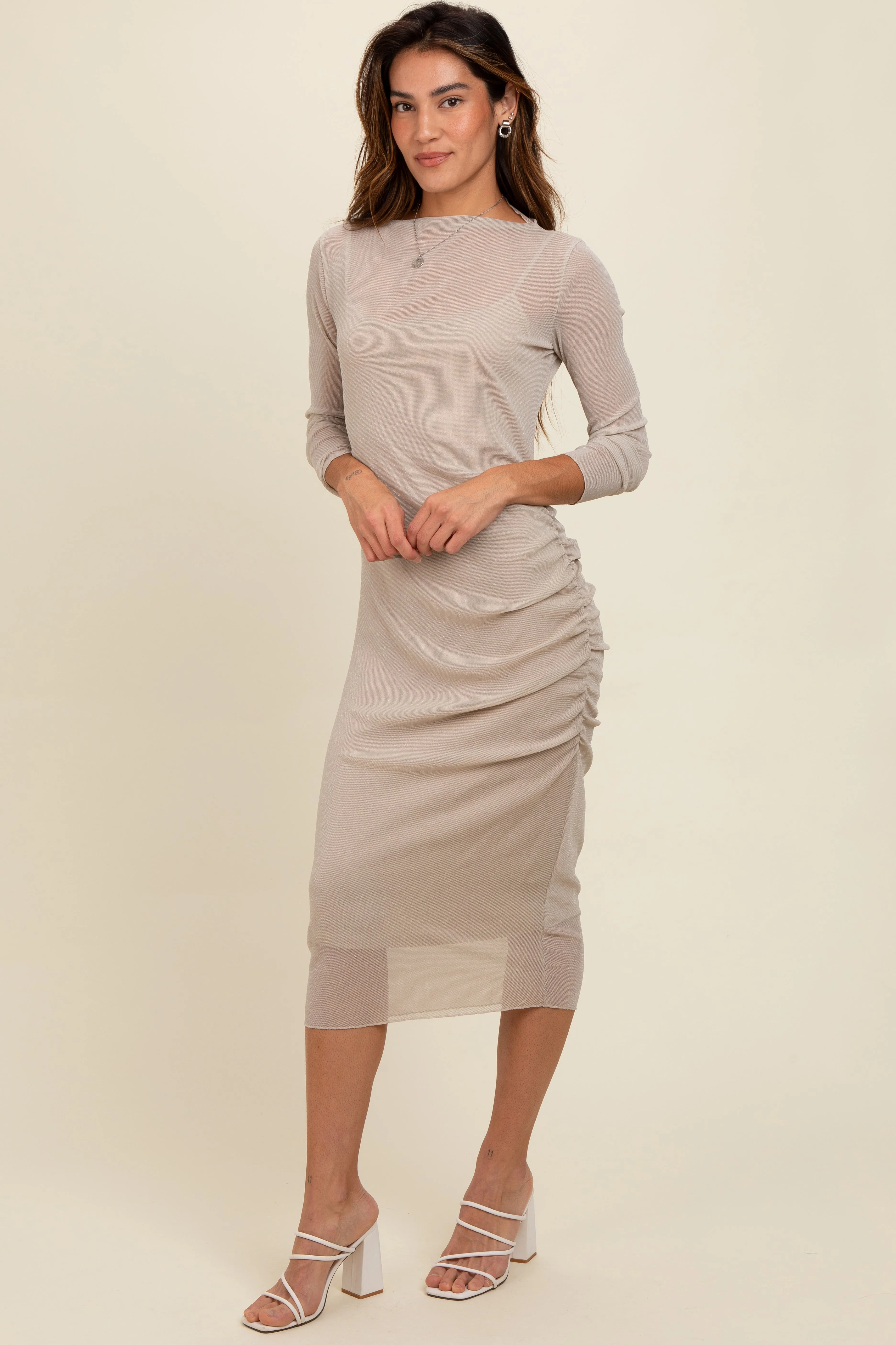Beige Shimmer Mesh Long Sleeve Ruched Midi Dress sold by Pinkblush