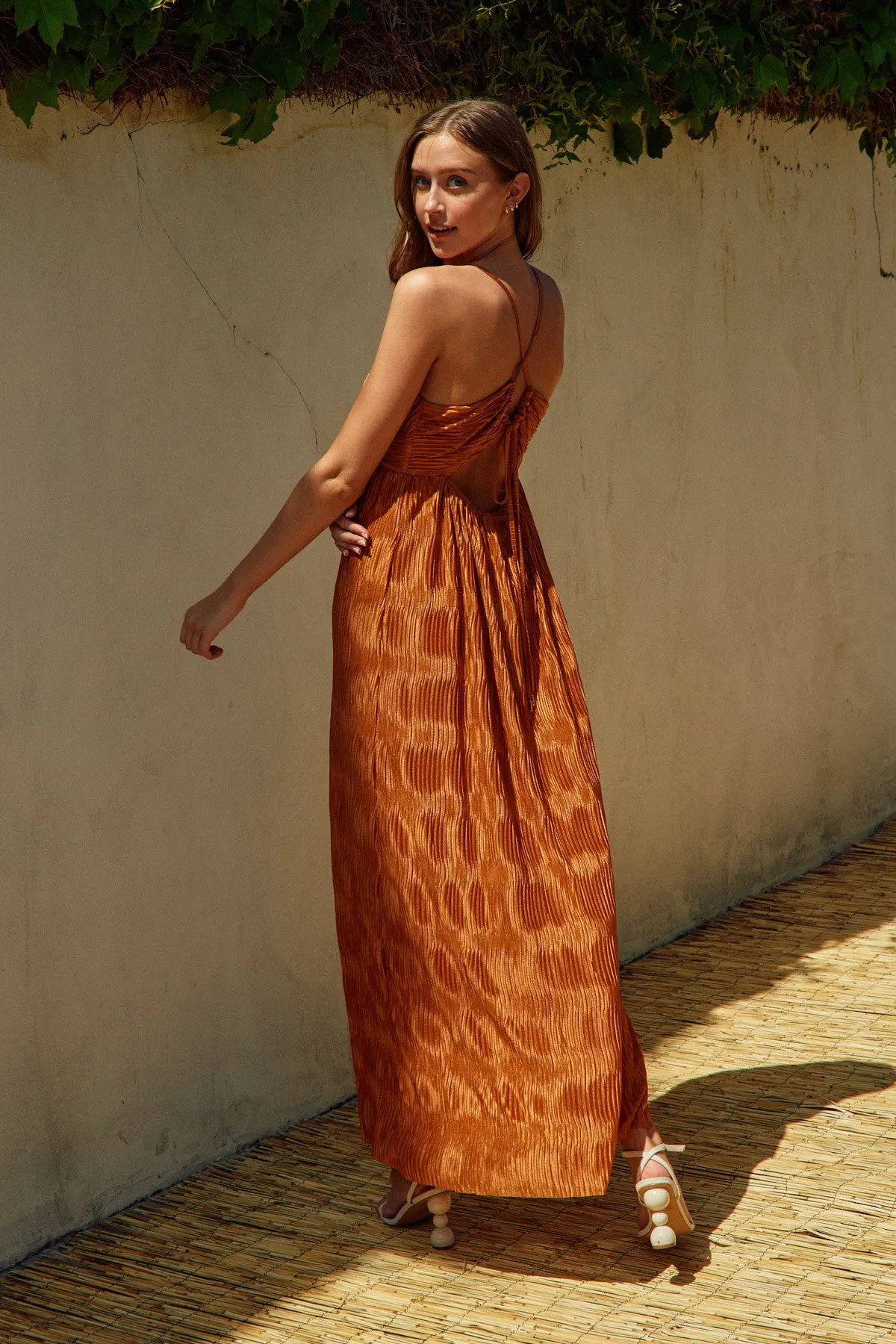 Camel Deep V-Neck Textured Satin Maxi Dress sold by Pinkblush product image thumbnail 3
