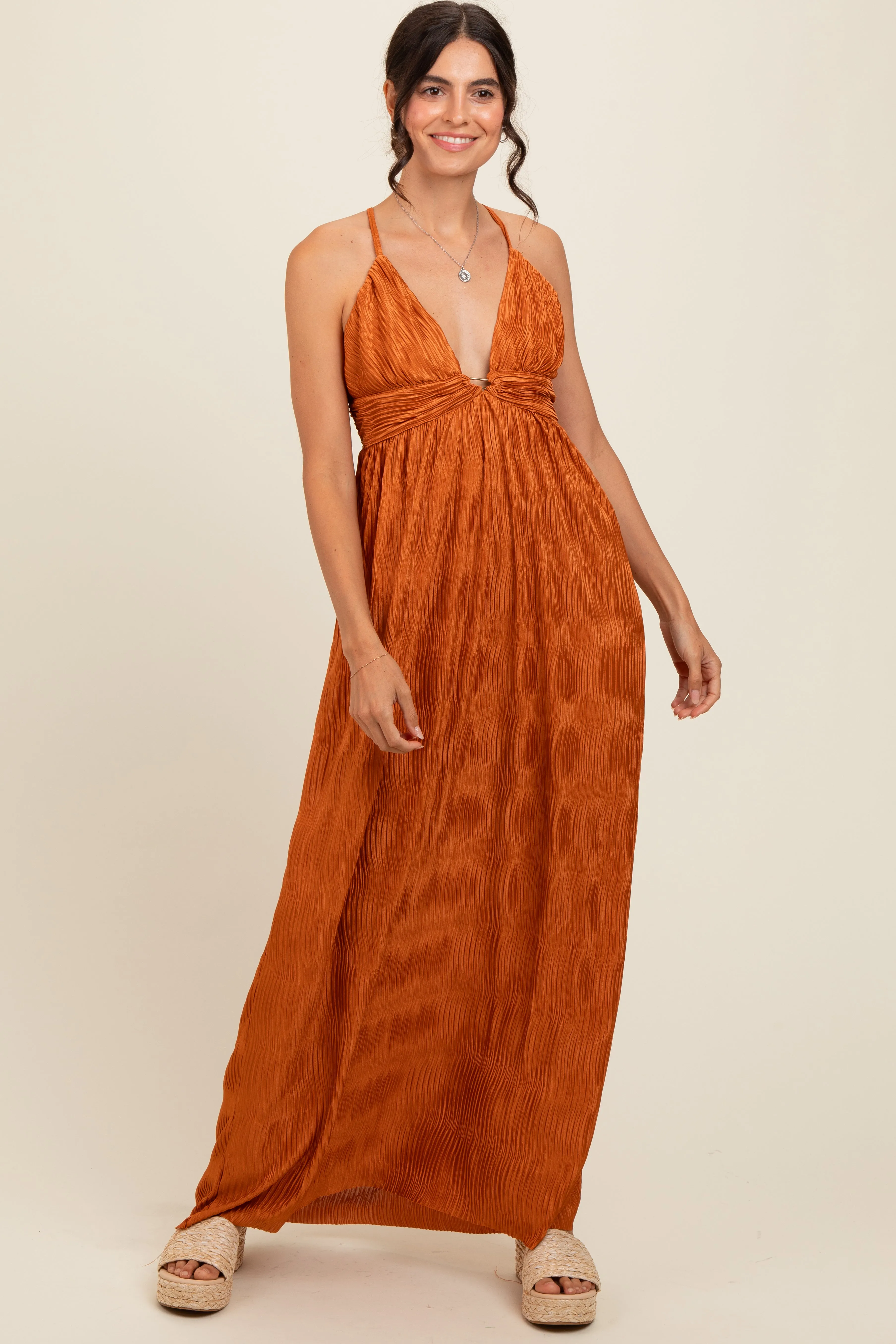 Camel Deep V-Neck Textured Satin Maxi Dress sold by Pinkblush product image thumbnail 5