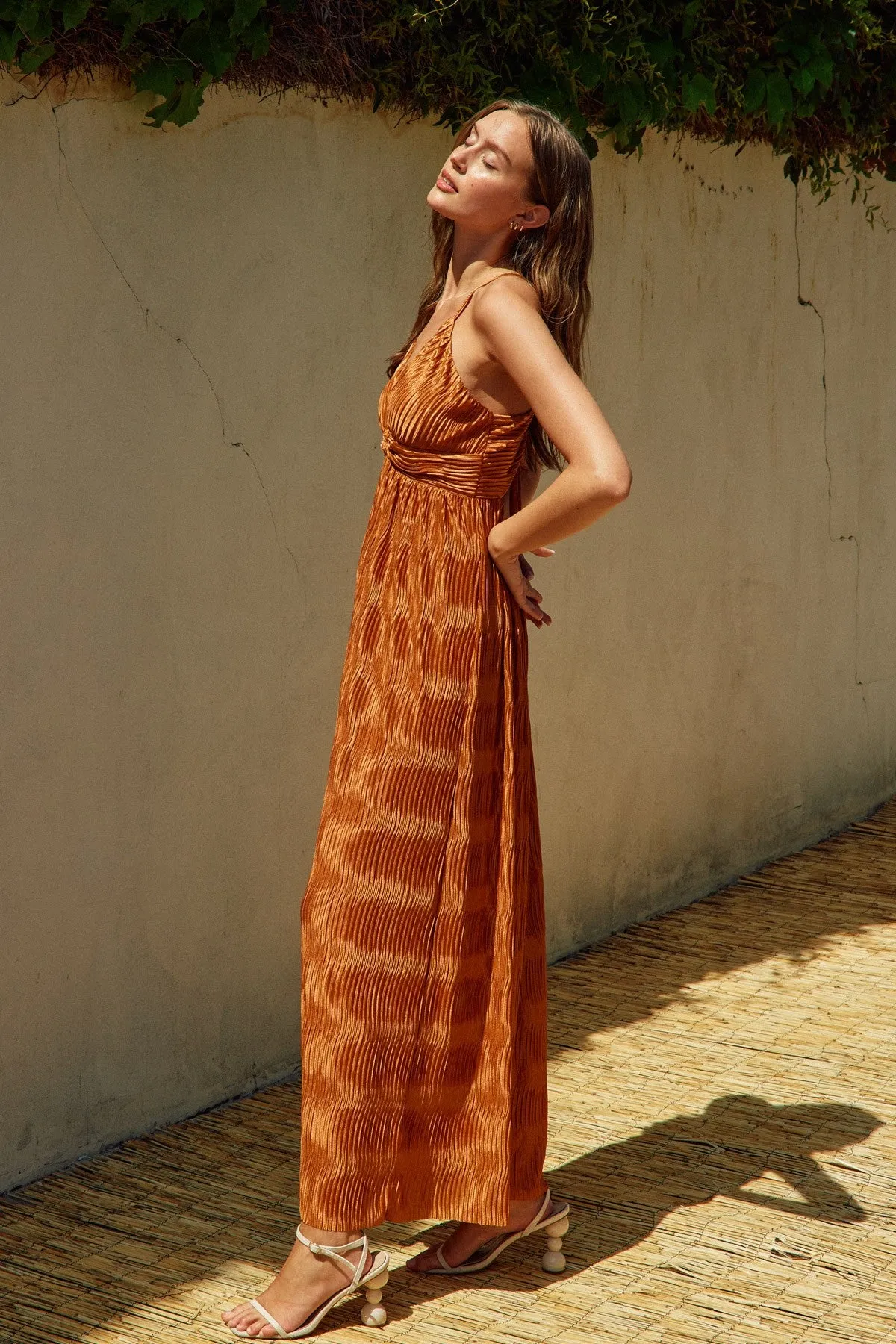 Camel Deep V-Neck Textured Satin Maxi Dress sold by Pinkblush product image thumbnail 2