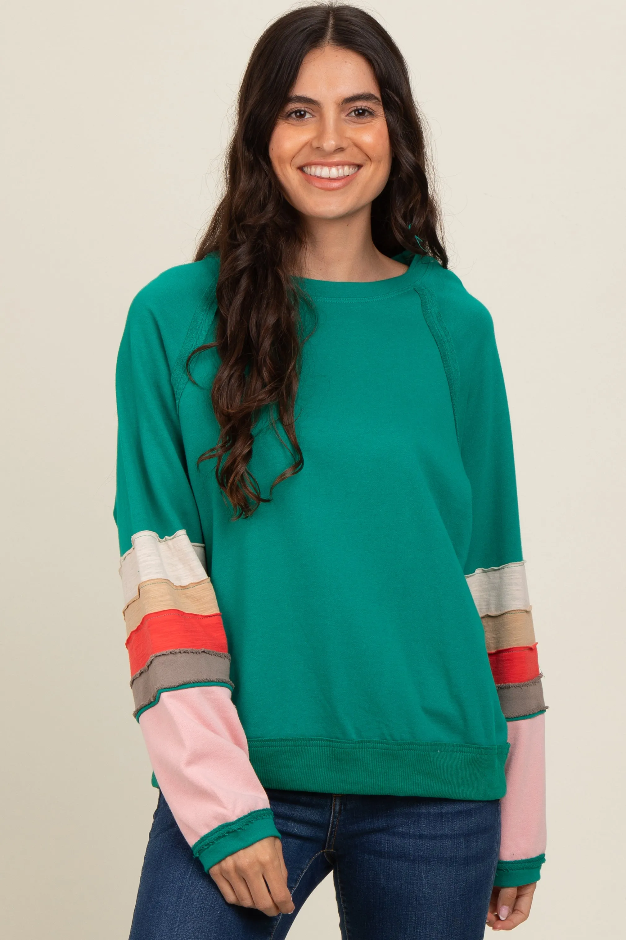 Emerald Green Colorblock Sleeve Pullover sold by Pinkblush