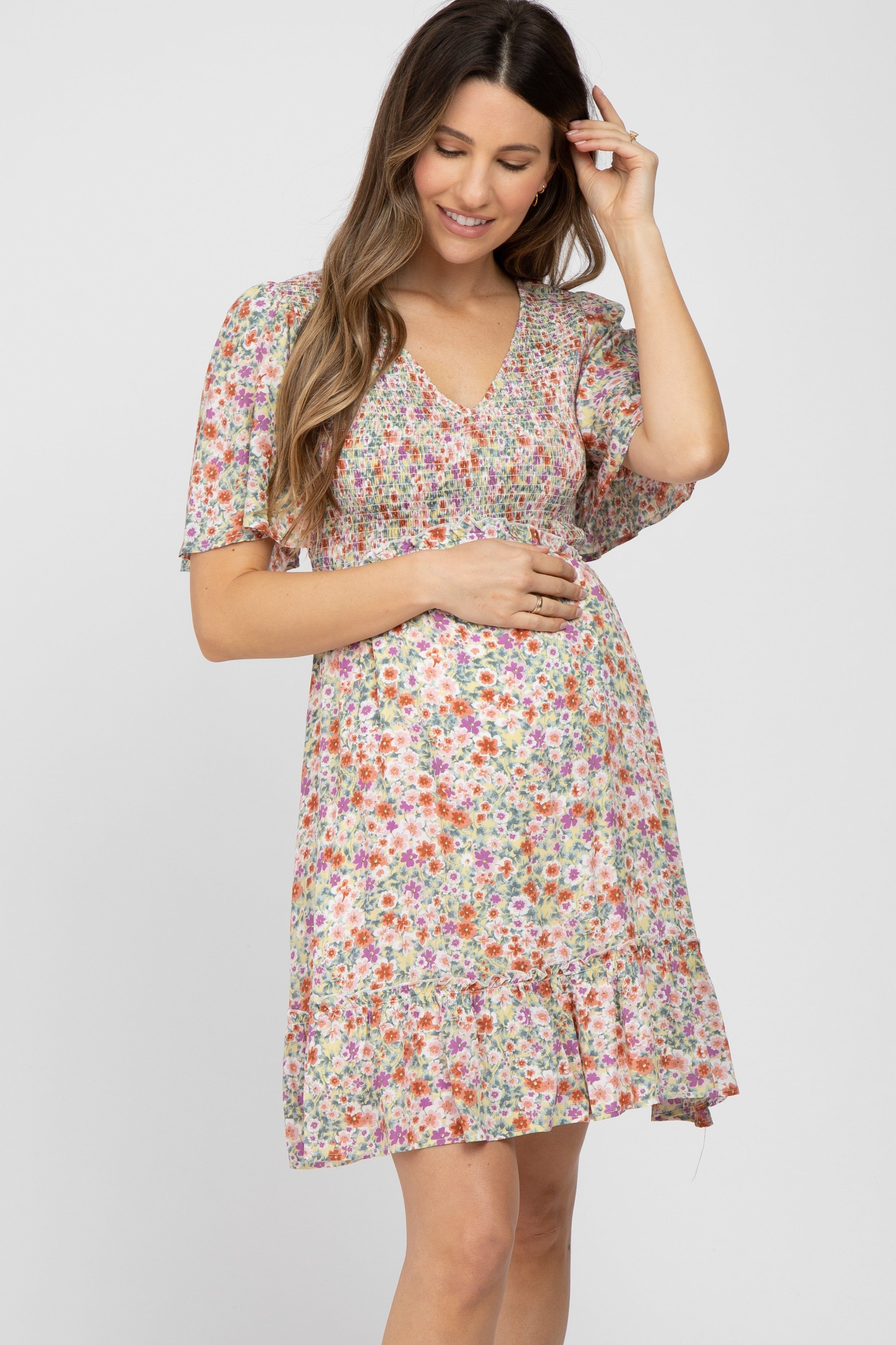 Yellow Multi Floral Smocked V-Neck Maternity Dress sold by Pinkblush