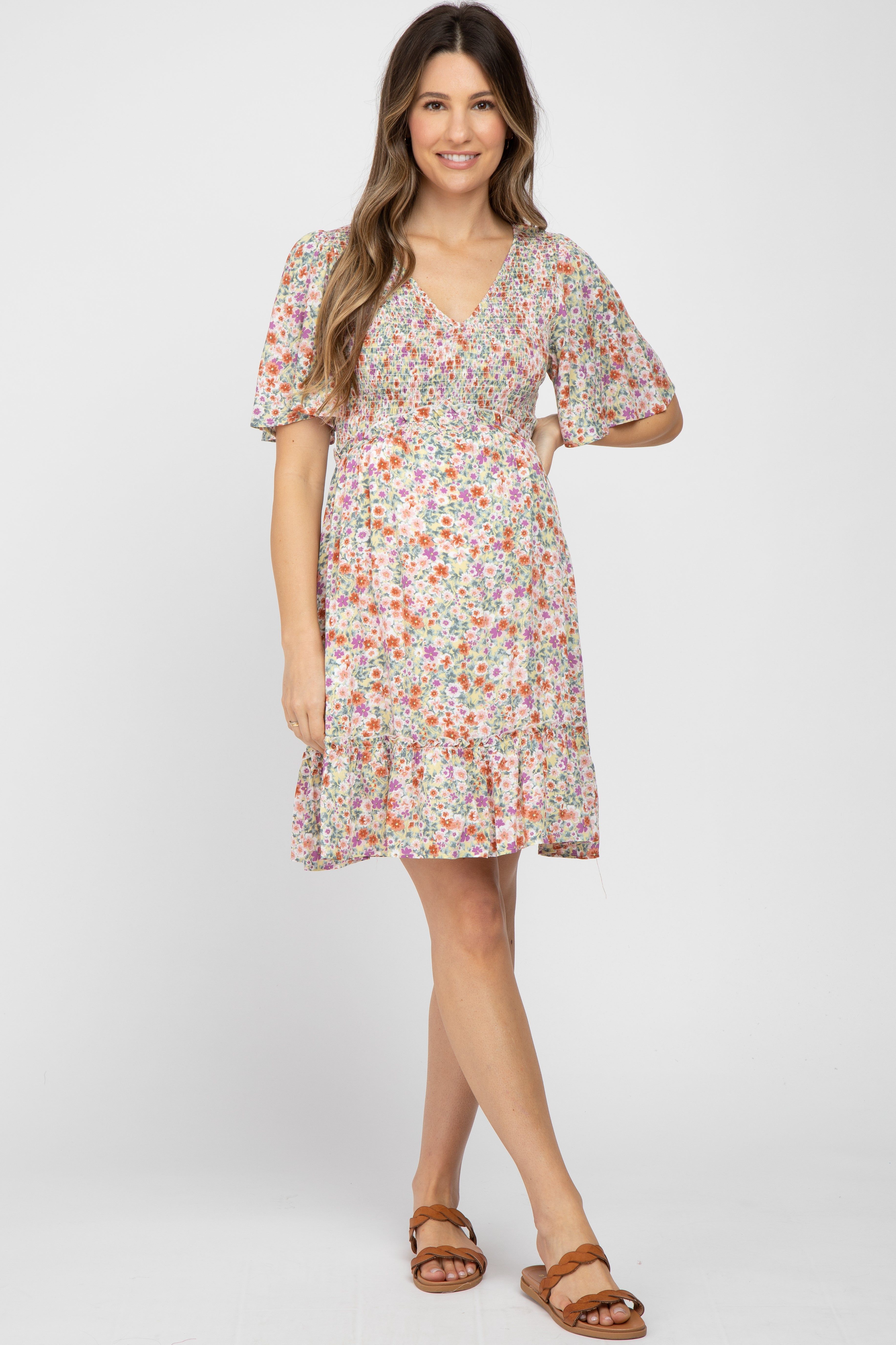 Yellow Multi Floral Smocked V-Neck Maternity Dress sold by Pinkblush product image thumbnail 5