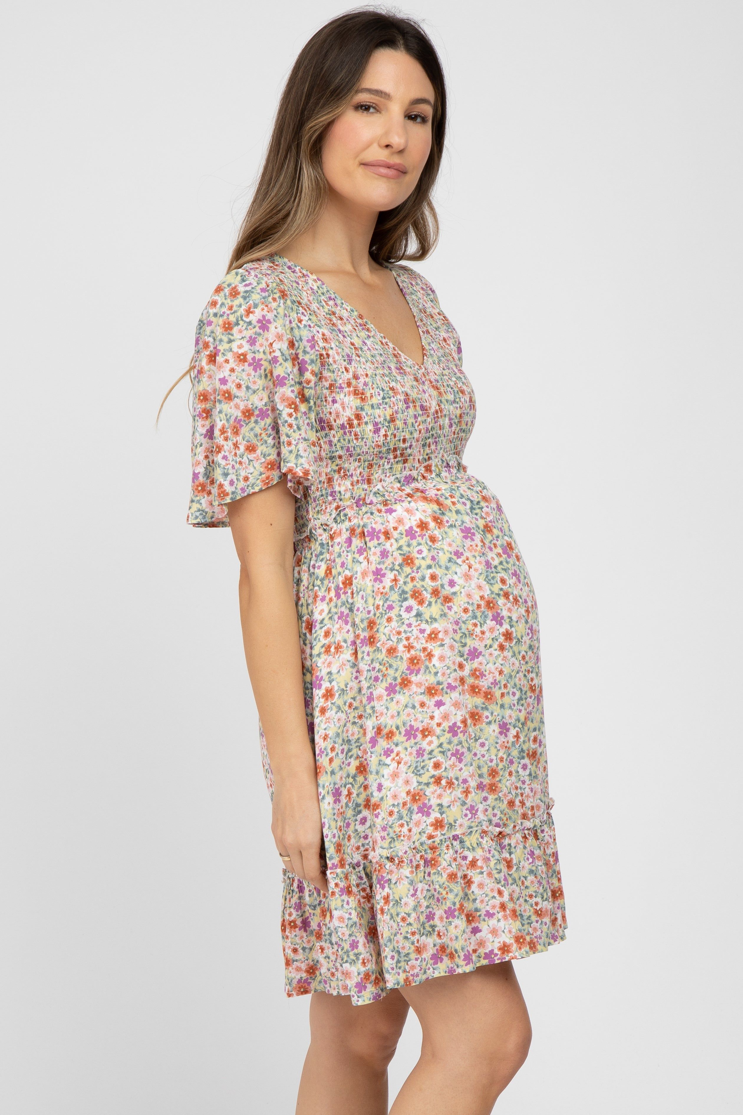 Yellow Multi Floral Smocked V-Neck Maternity Dress sold by Pinkblush product image thumbnail 2