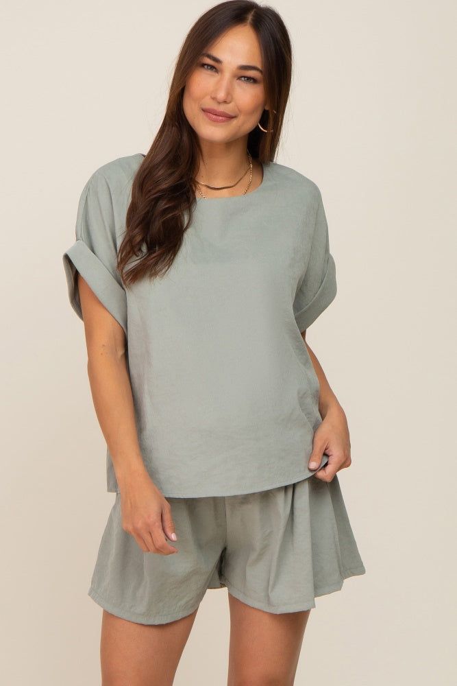 Light Olive Short Cuffed Sleeve Top and Short Maternity Set sold by Pinkblush