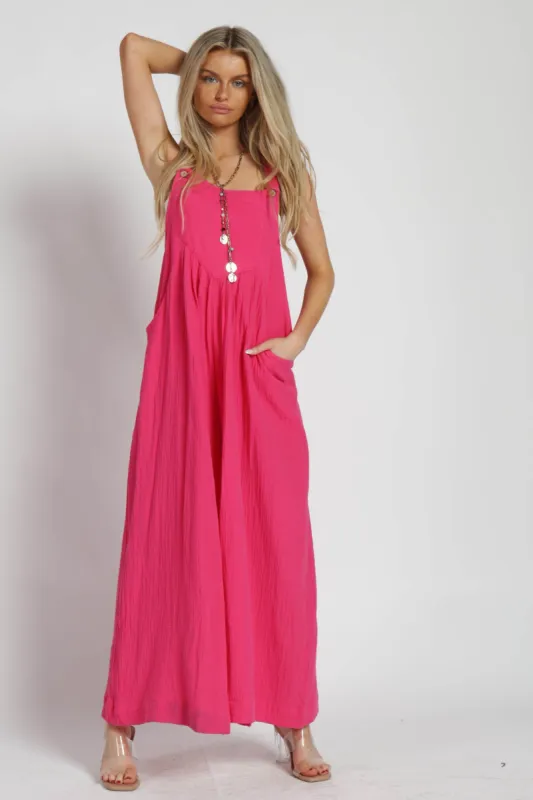 Fuchsia Pocket Front Wide Leg Jumpsuit sold by Pinkblush