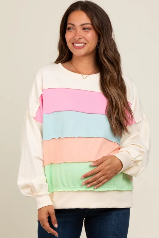 Ivory Colorblock Striped Cut Edge Maternity Sweatshirt sold by Pinkblush