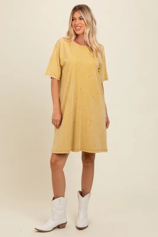 Yellow Rhinestone Mineral Washed T-Shirt Dress sold by Pinkblush