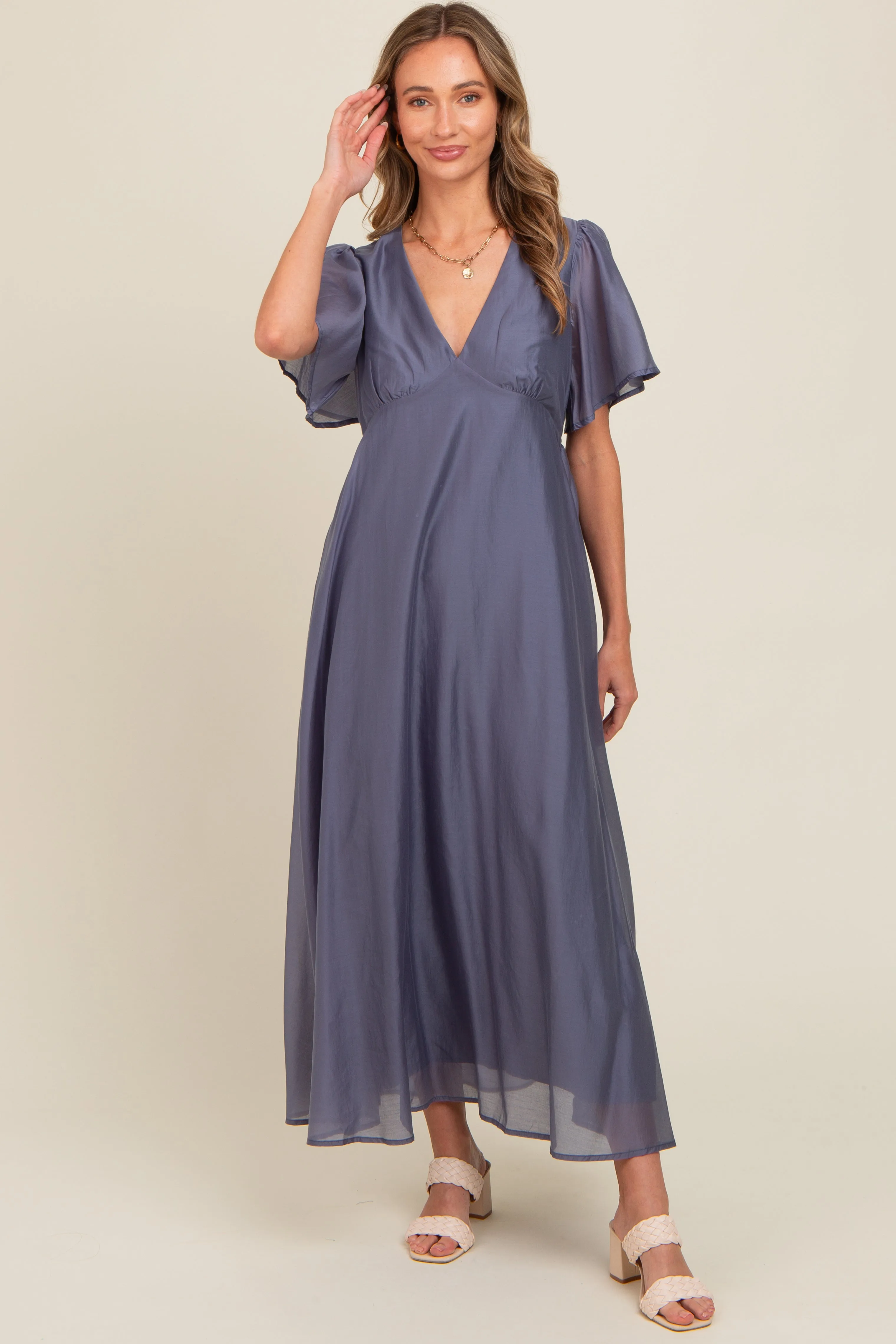 Blue V-Neck Flutter Sleeve Maxi Dress sold by Pinkblush product image thumbnail 2
