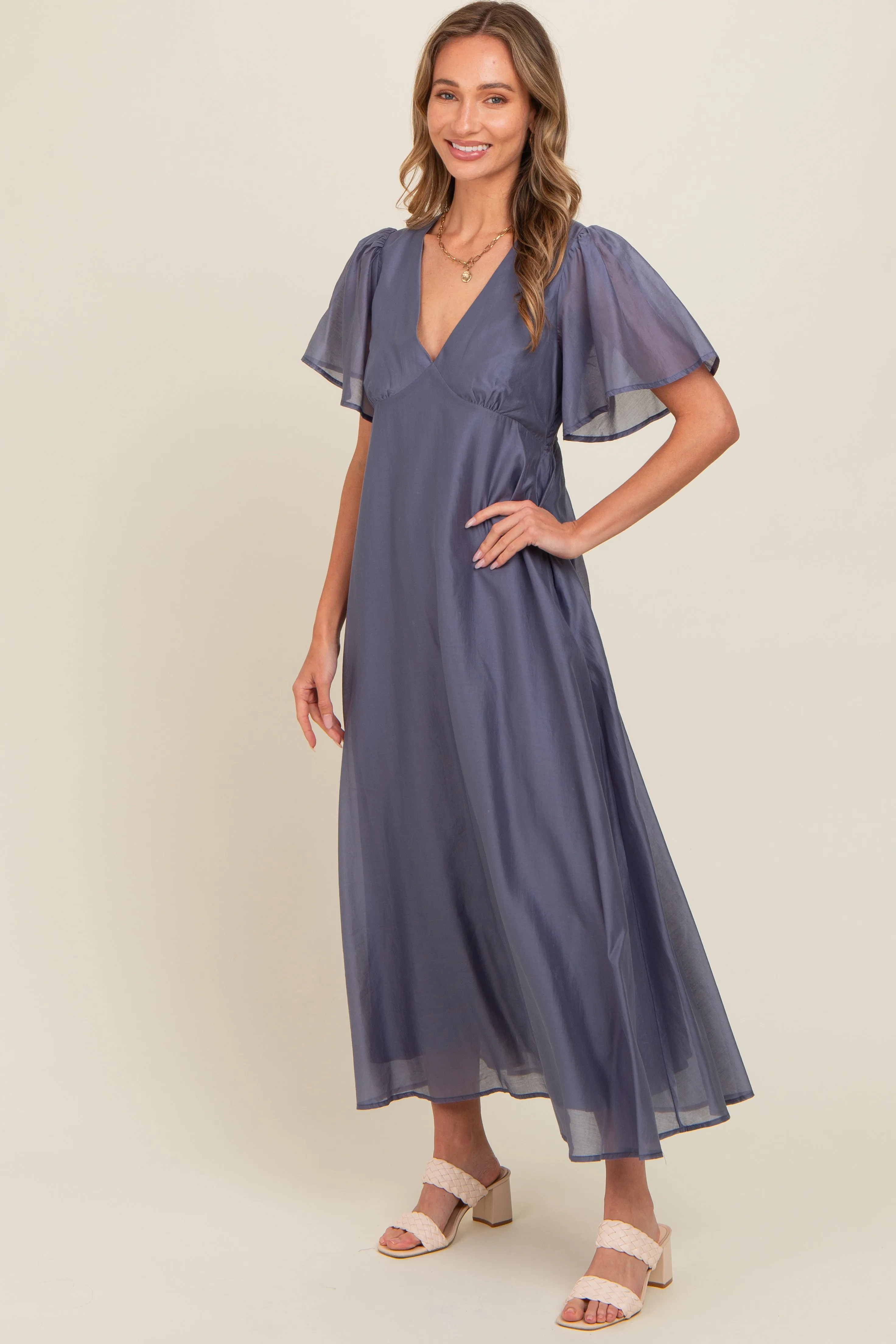Blue V-Neck Flutter Sleeve Maxi Dress sold by Pinkblush product image thumbnail 3