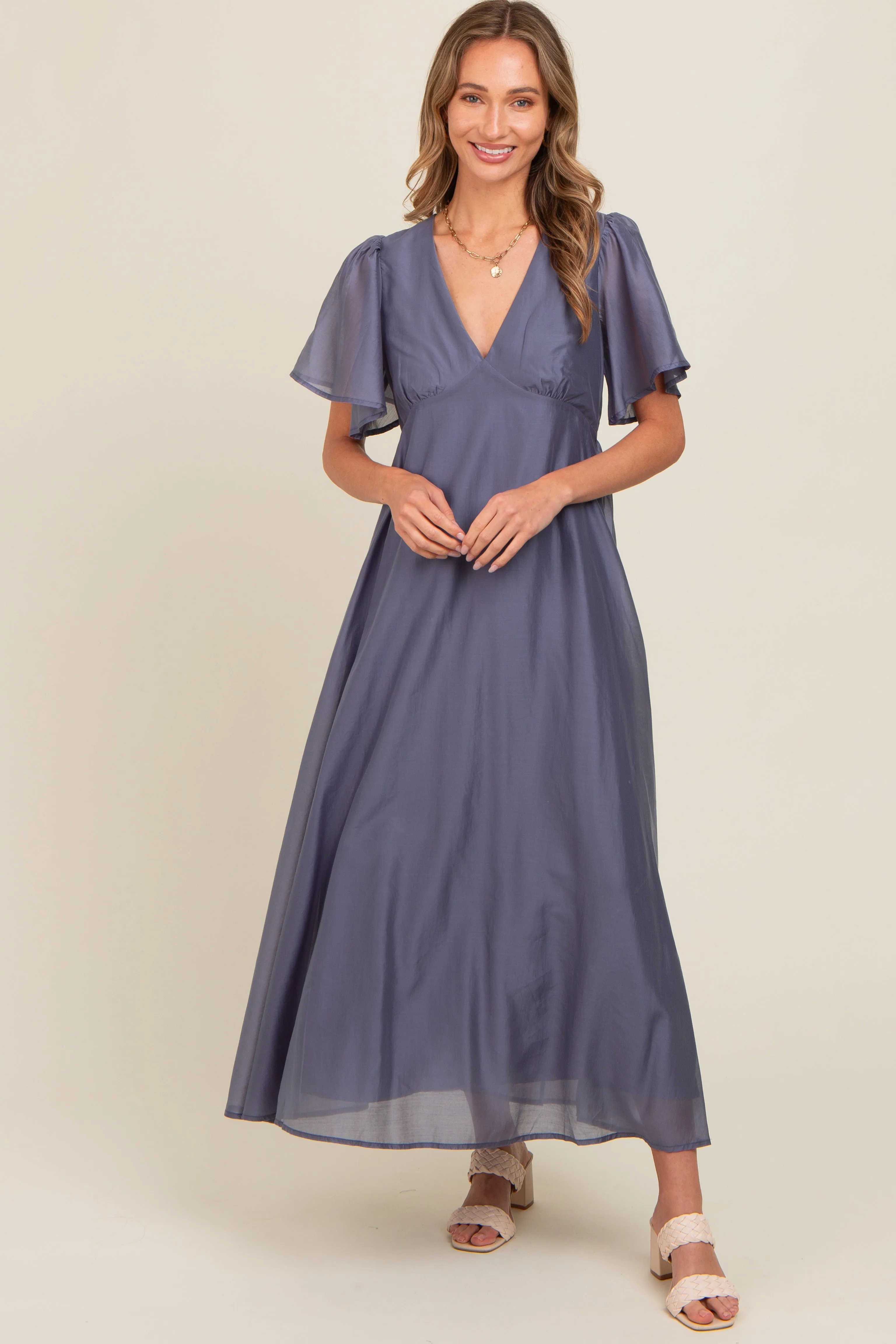 Blue V-Neck Flutter Sleeve Maxi Dress sold by Pinkblush