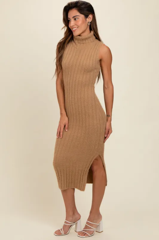Taupe Fuzzy Knit Sleeveless Turtle Neck Midi Dress sold by Pinkblush