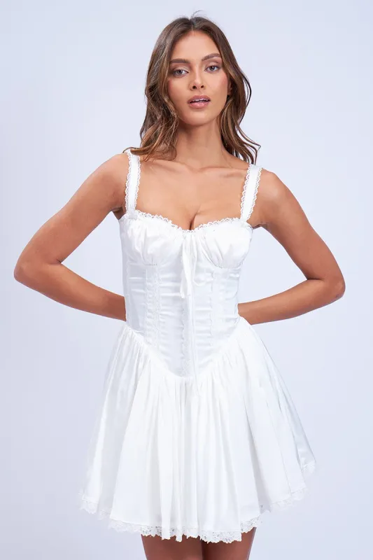 Ivory Satin Corset Shape Lace Trim Flare Mini Dress sold by Pinkblush