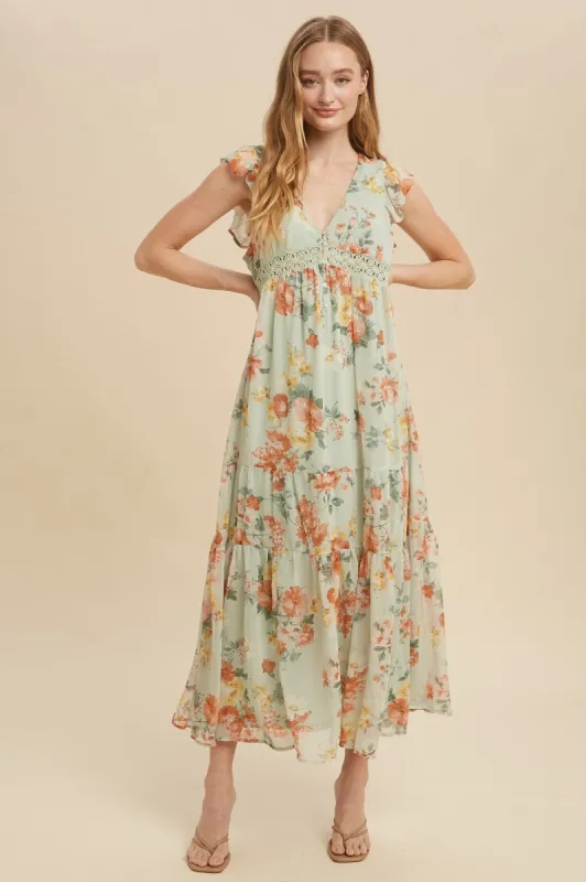 Green Tea Floral Chiffon Flutter Sleeve Maxi Dress sold by Pinkblush