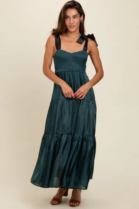 Teal Tiered Satin Tie-Strap Maxi Dress sold by Pinkblush