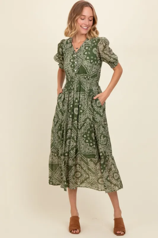 Green Paisley Button Front V-Neck Tiered Midi Dress sold by Pinkblush