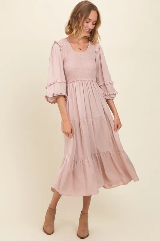 Mauve Smocked Ruffle Shoulder Tiered Midi Dress sold by Pinkblush