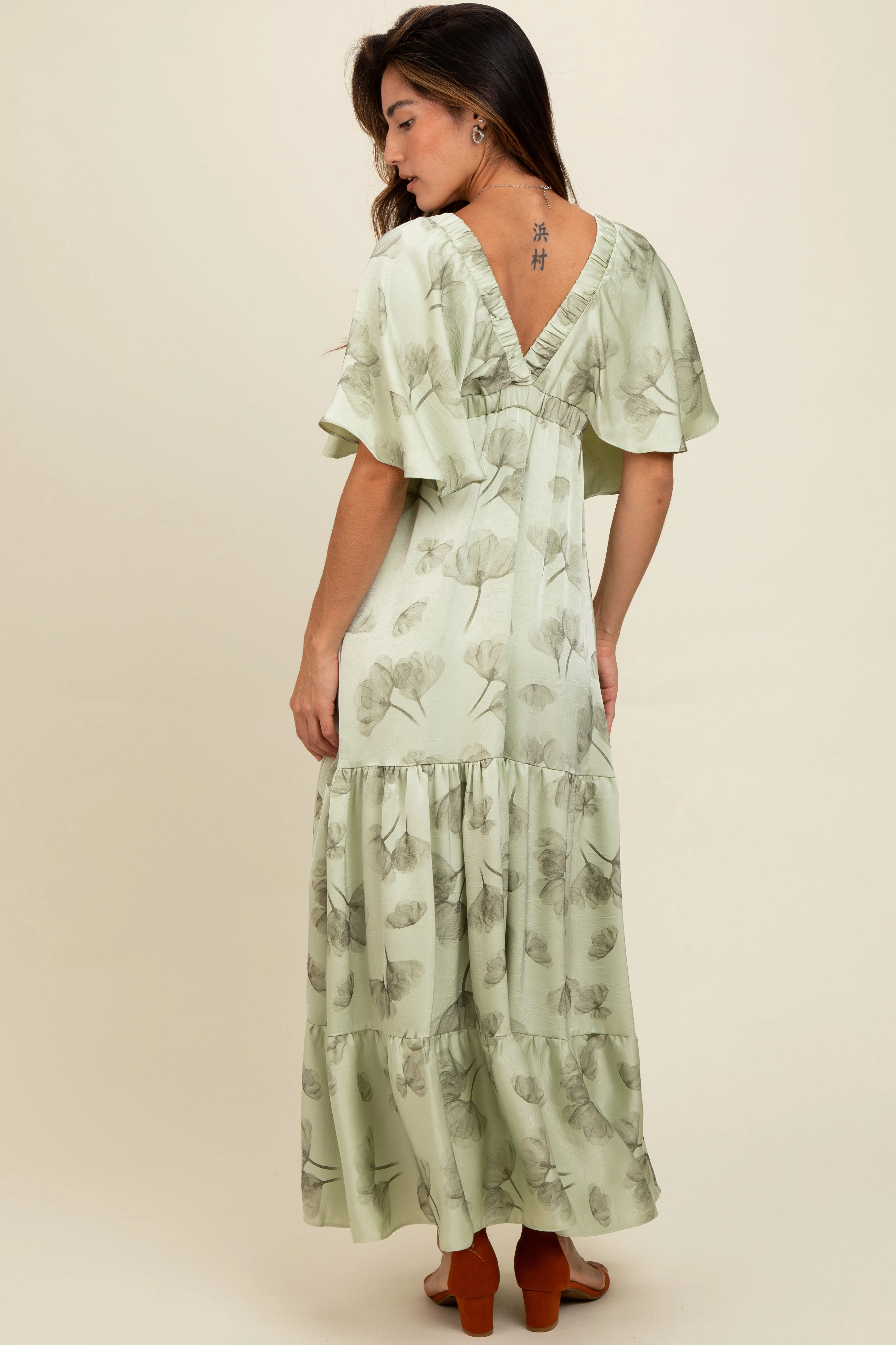Light Olive Floral Deep V-Neck Maxi Dress sold by Pinkblush product image thumbnail 3