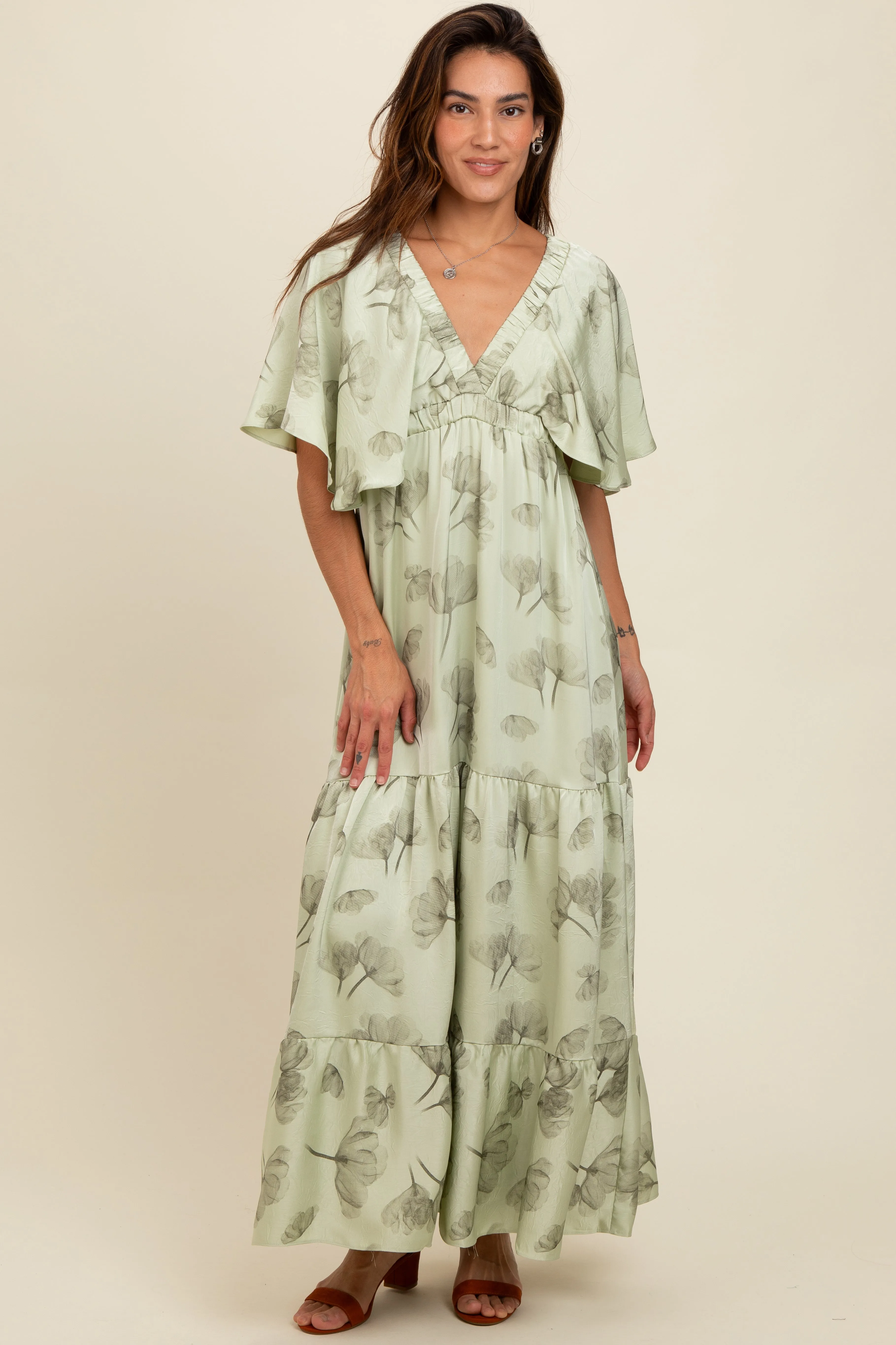 Light Olive Floral Deep V-Neck Maxi Dress sold by Pinkblush