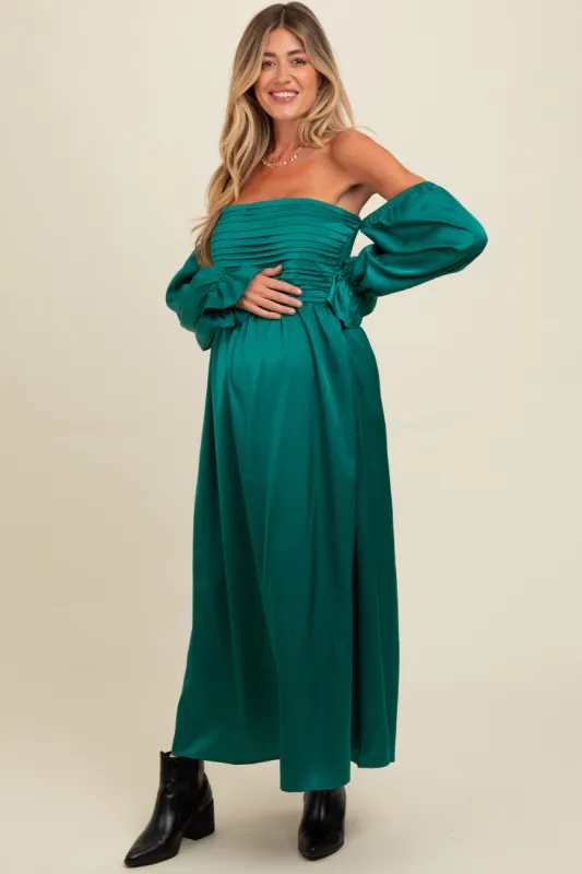 Emerald Green Off Shoulder Satin Pleated Bodice Maternity Maxi Dress sold by Pinkblush