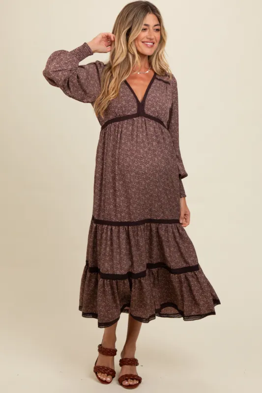 Brown Floral Lace Trim Bubble Sleeve Maternity Maxi Dress sold by Pinkblush
