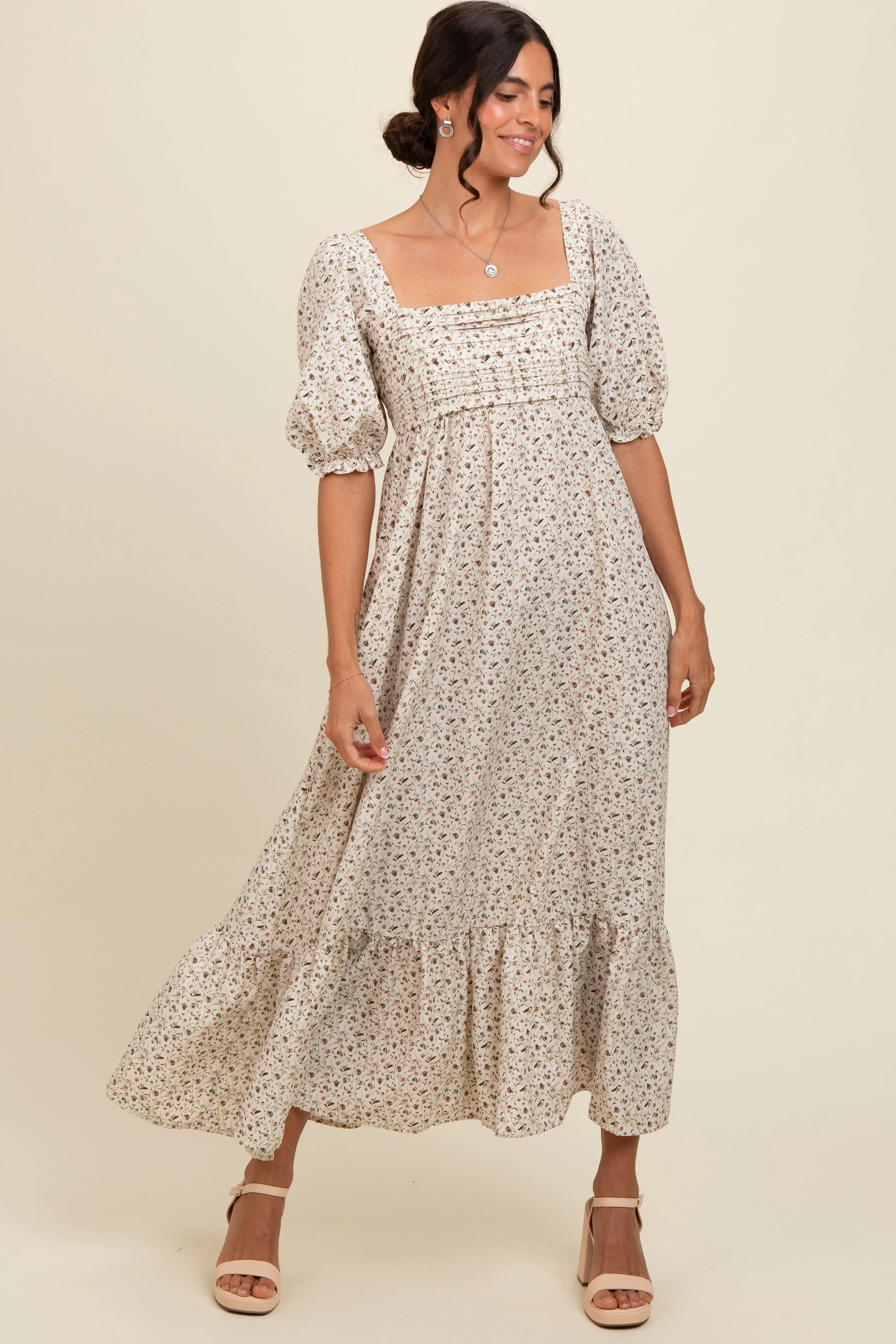 Ivory Floral Pleated Bodice Maxi Dress sold by Pinkblush
