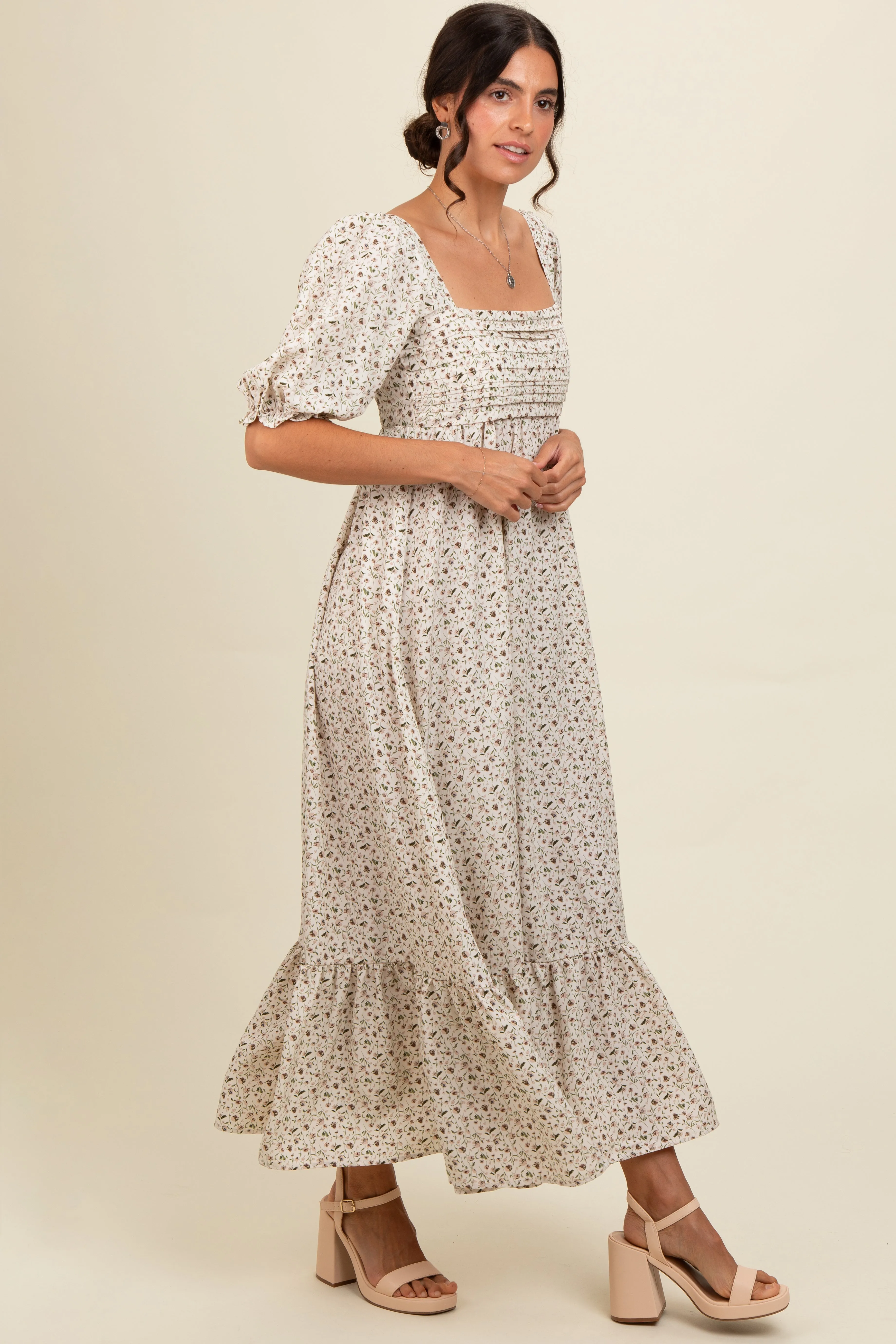 Ivory Floral Pleated Bodice Maxi Dress sold by Pinkblush product image thumbnail 2