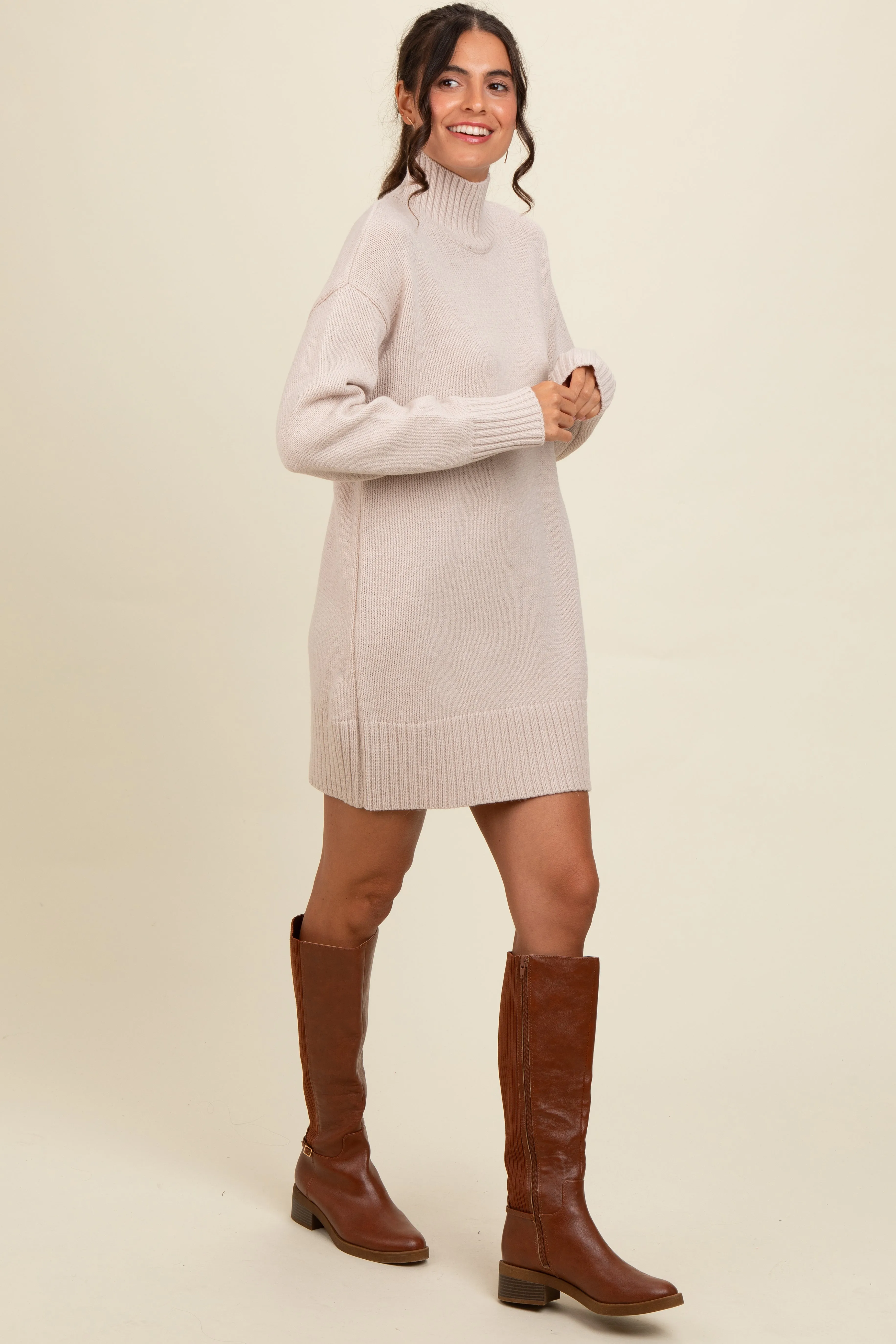 Beige Turtle Neck Mini Sweater Dress sold by Pinkblush product image thumbnail 3