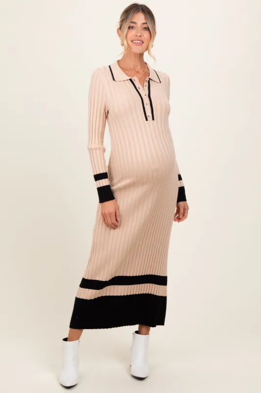 Beige Contrast Trim Knit Polo Maternity Midi Dress sold by Pinkblush