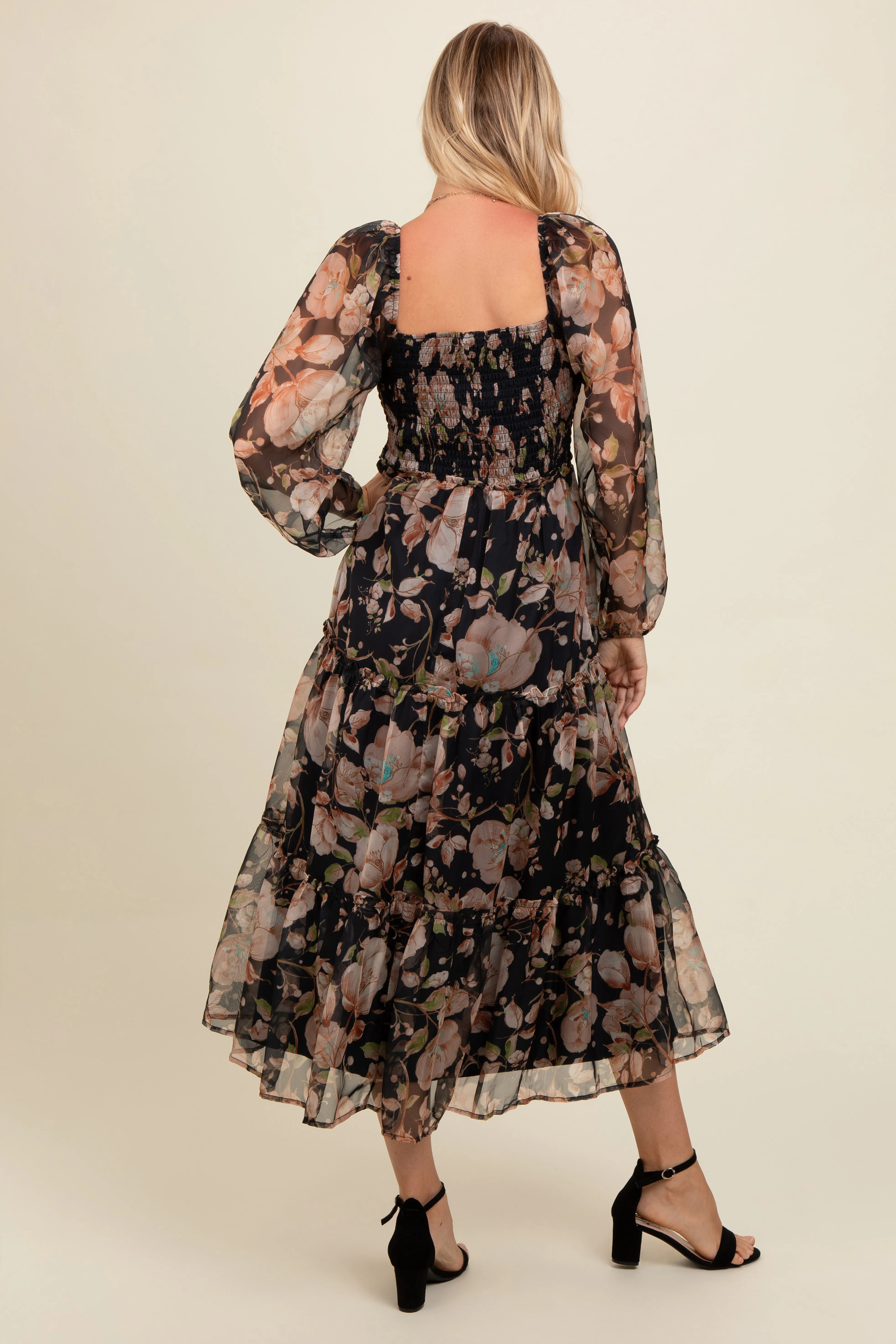 Navy Floral Square Neck Smocked Midi Dress sold by Pinkblush product image thumbnail 3