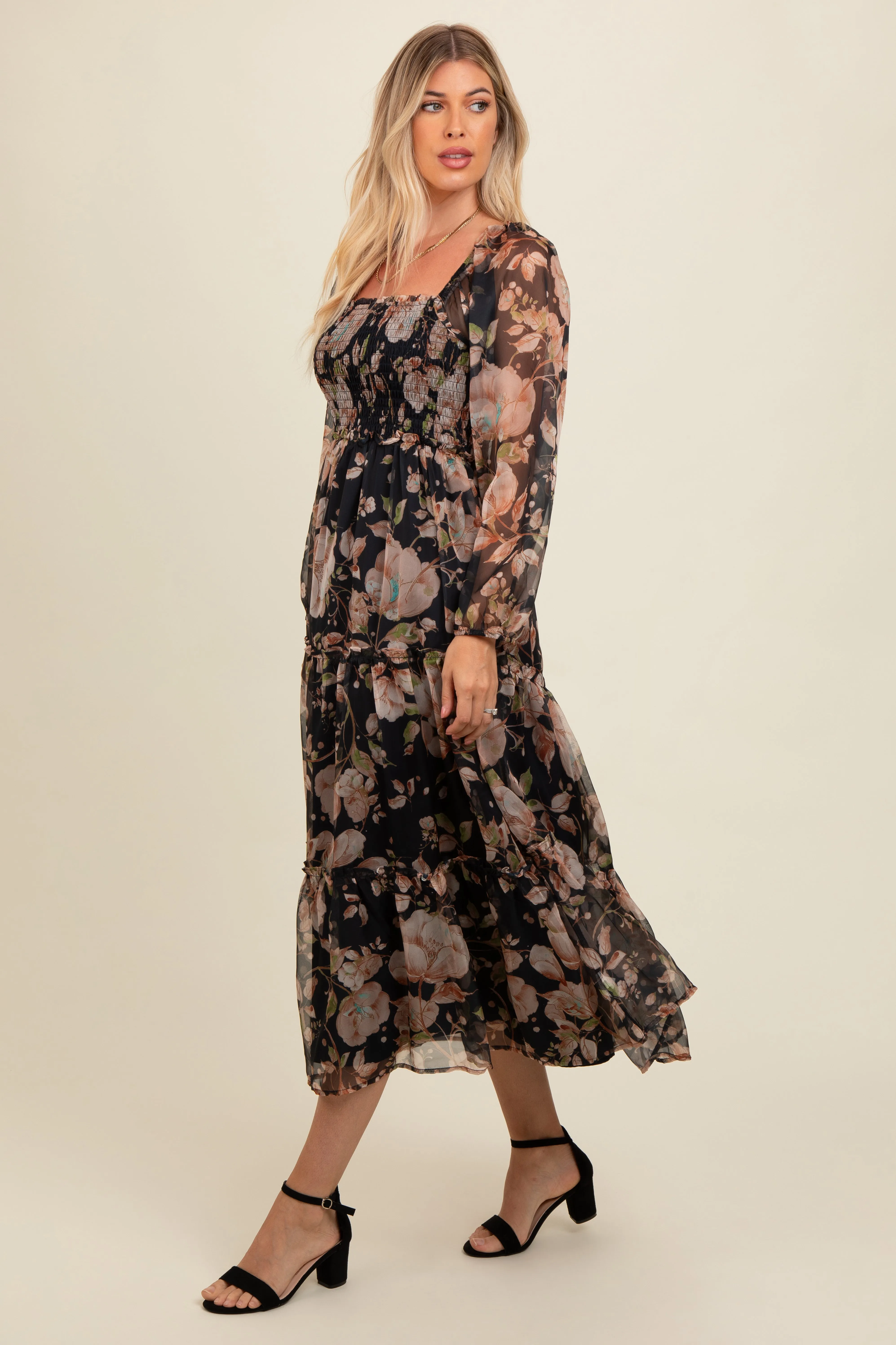 Navy Floral Square Neck Smocked Midi Dress sold by Pinkblush