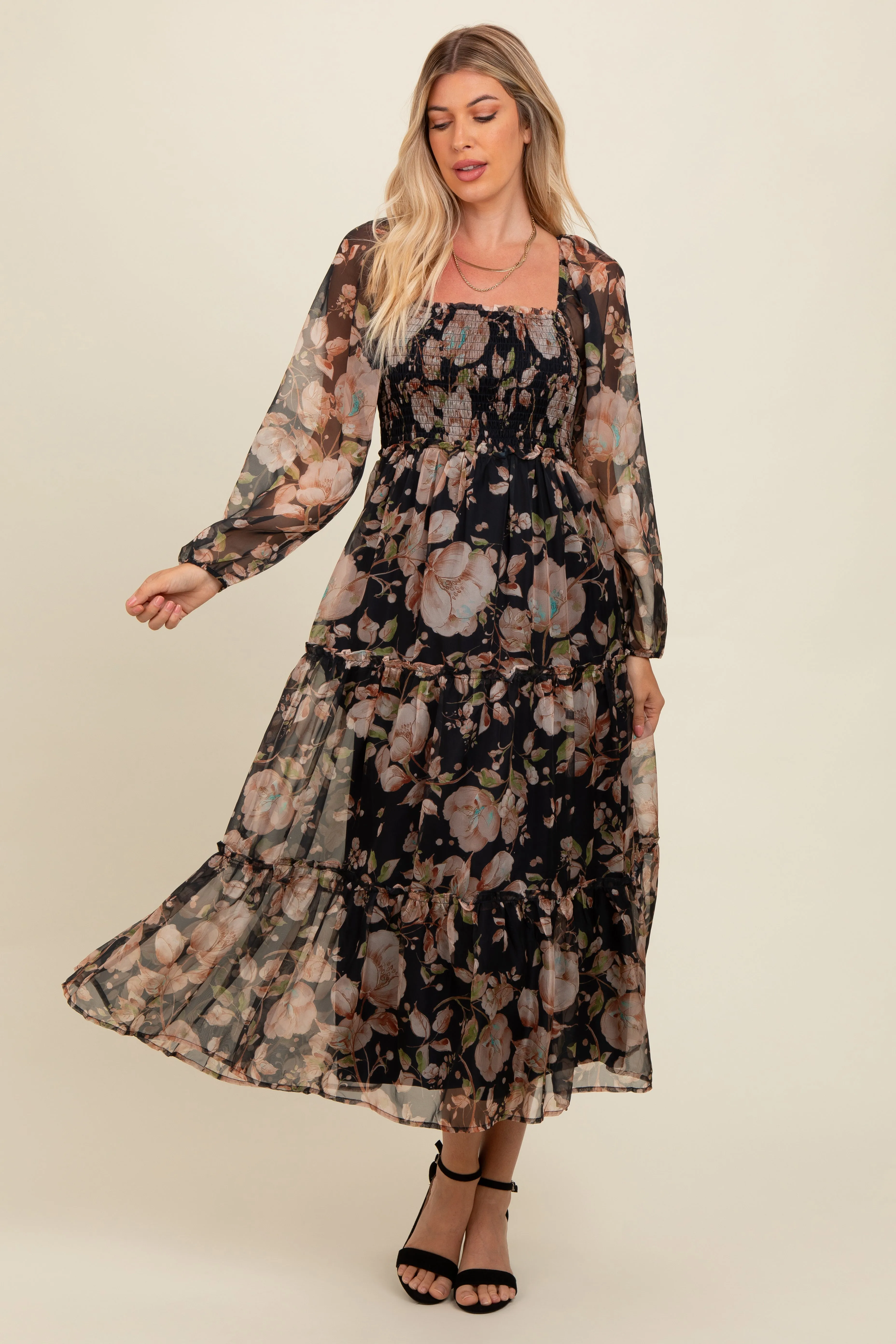 Navy Floral Square Neck Smocked Midi Dress sold by Pinkblush product image thumbnail 2