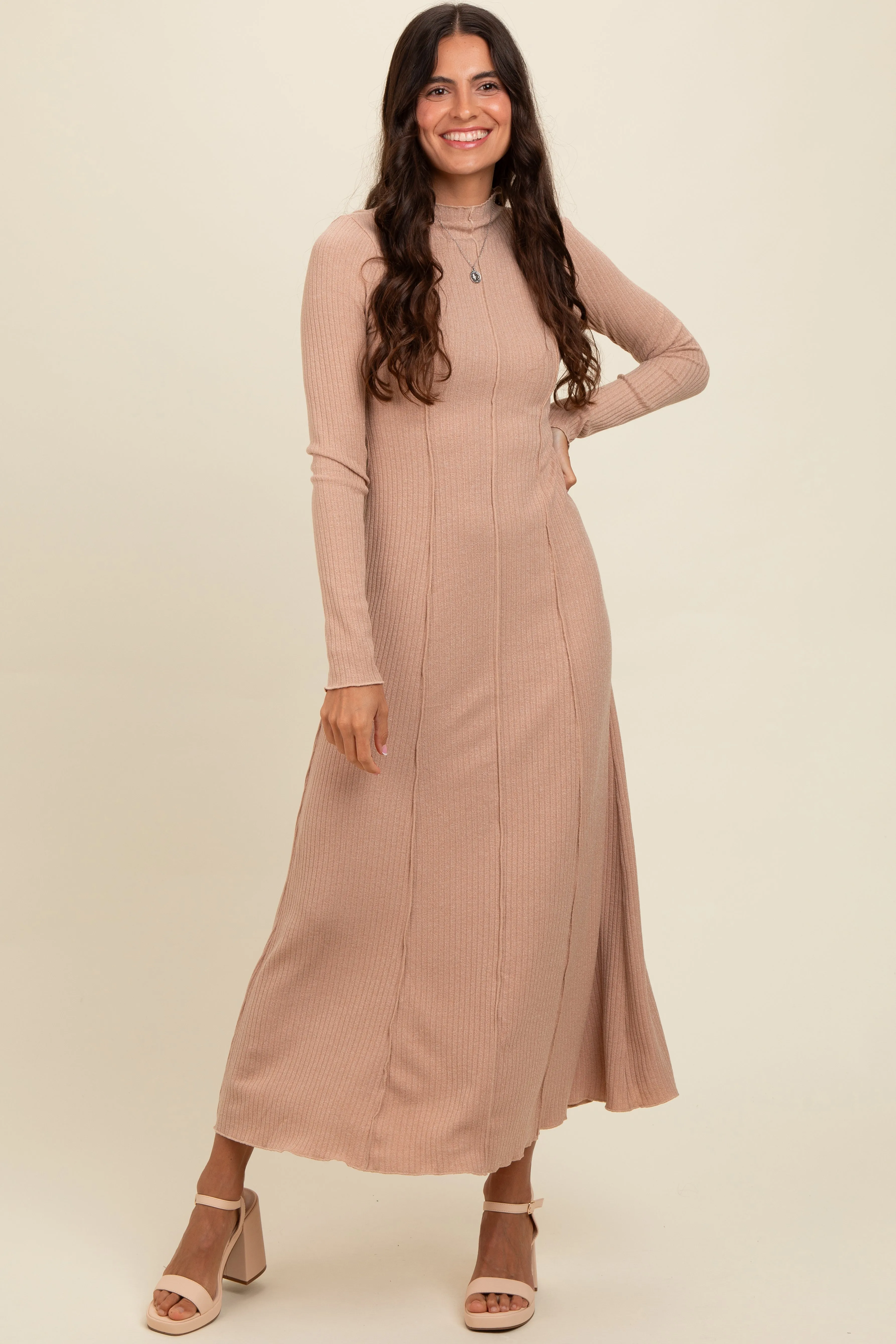 Beige Ribbed Exposed Seam Mock Neck Dress sold by Pinkblush product image thumbnail 2