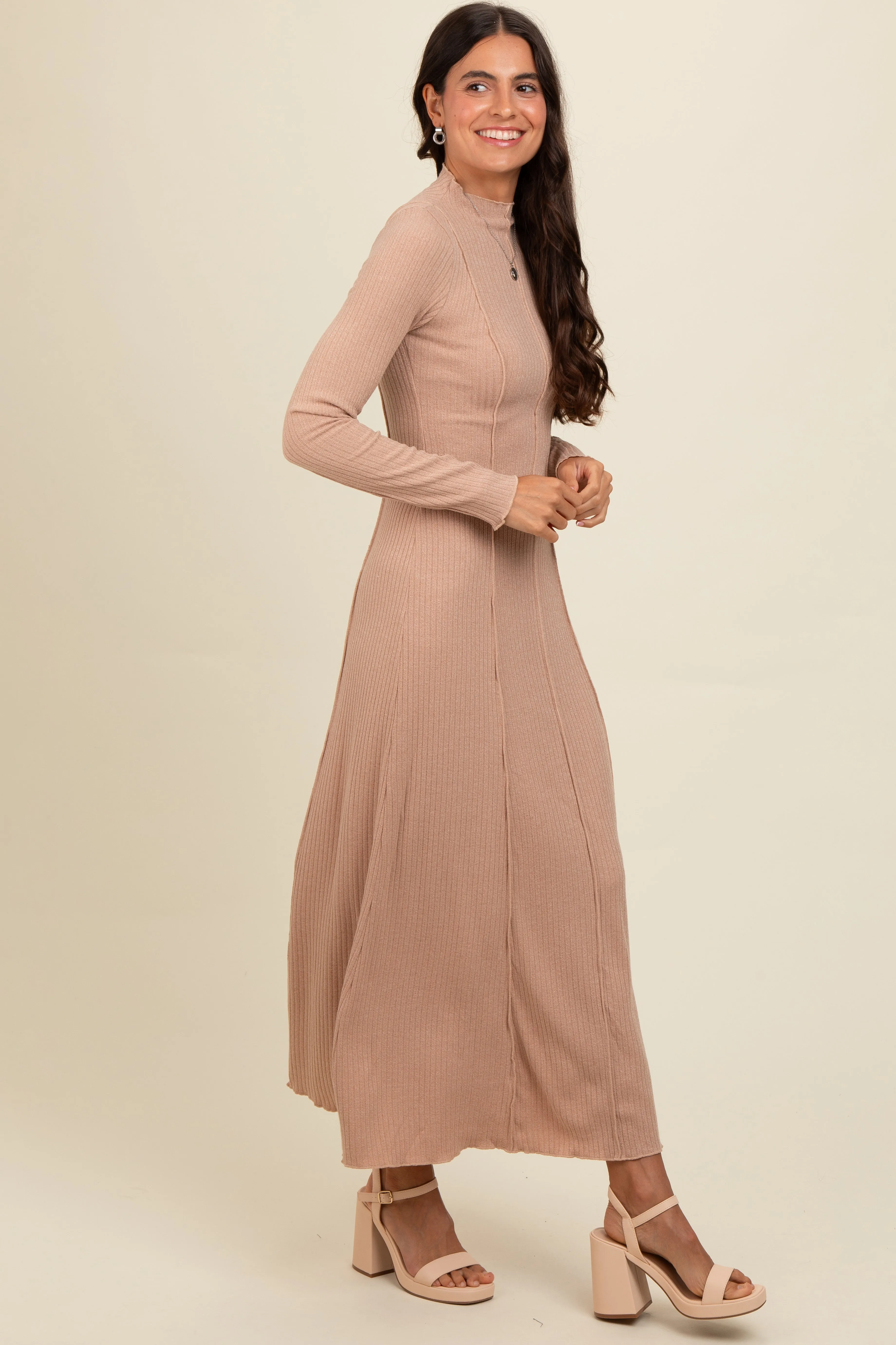 Beige Ribbed Exposed Seam Mock Neck Dress sold by Pinkblush product image thumbnail 3