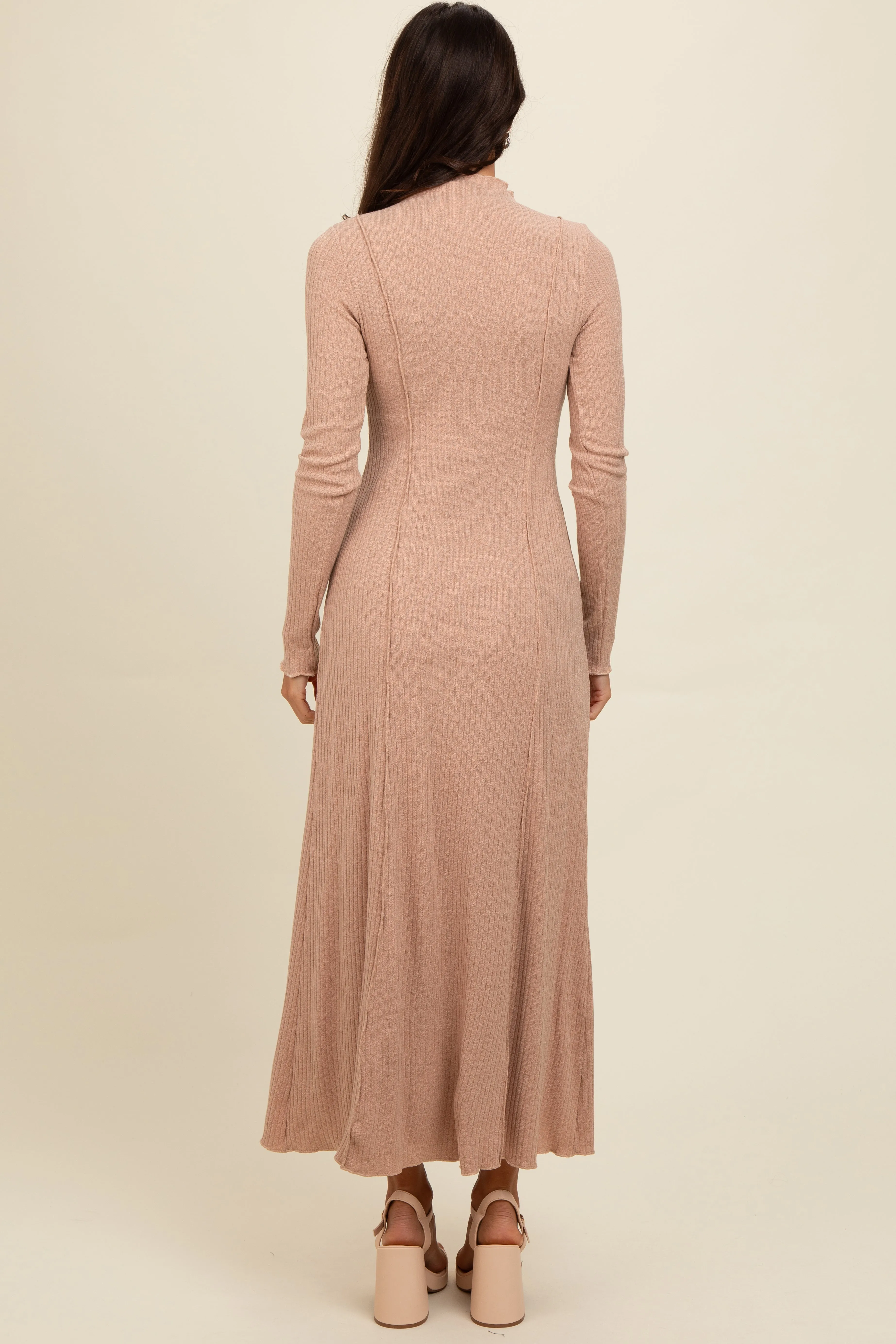 Beige Ribbed Exposed Seam Mock Neck Dress sold by Pinkblush product image thumbnail 4