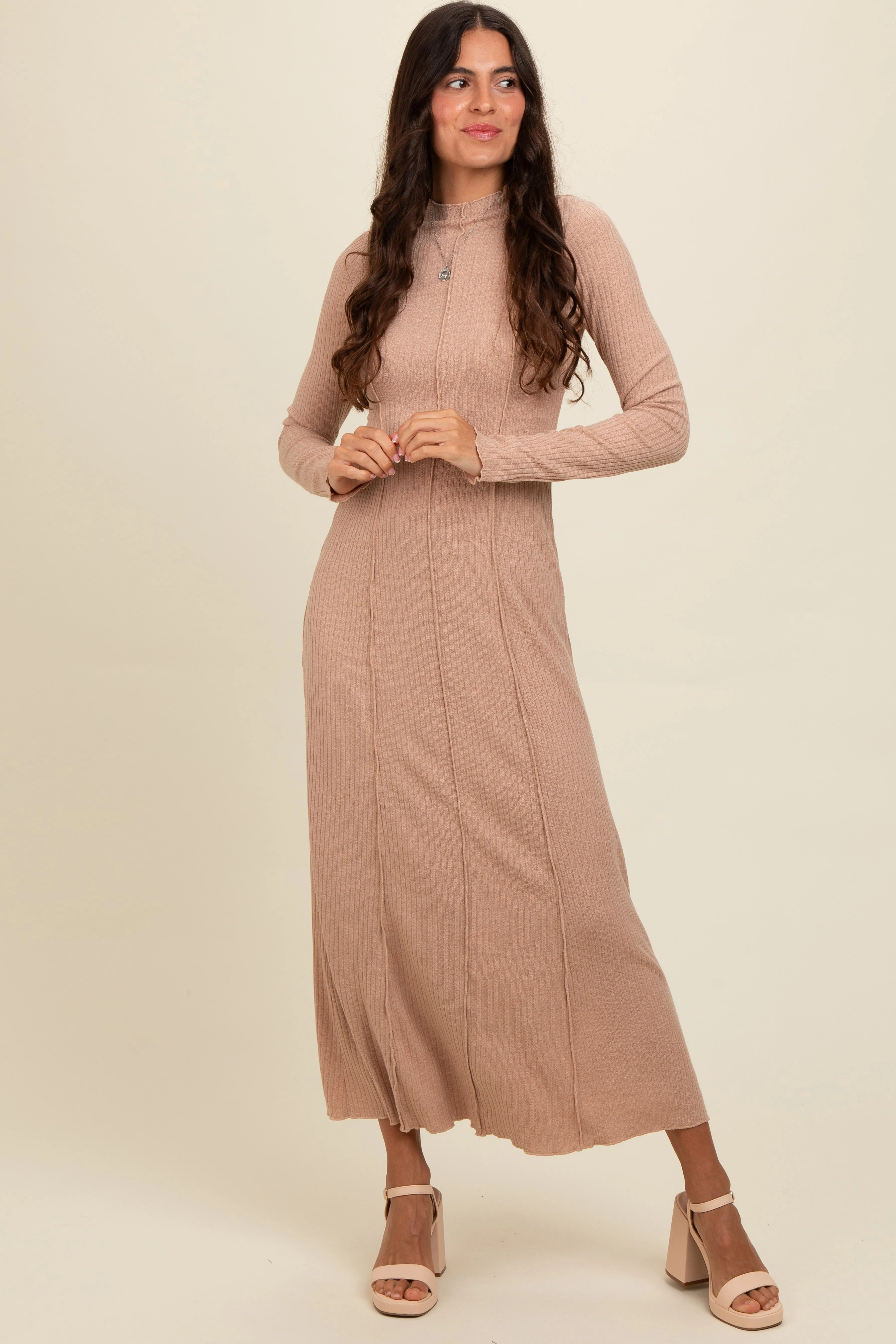 Beige Ribbed Exposed Seam Mock Neck Dress sold by Pinkblush
