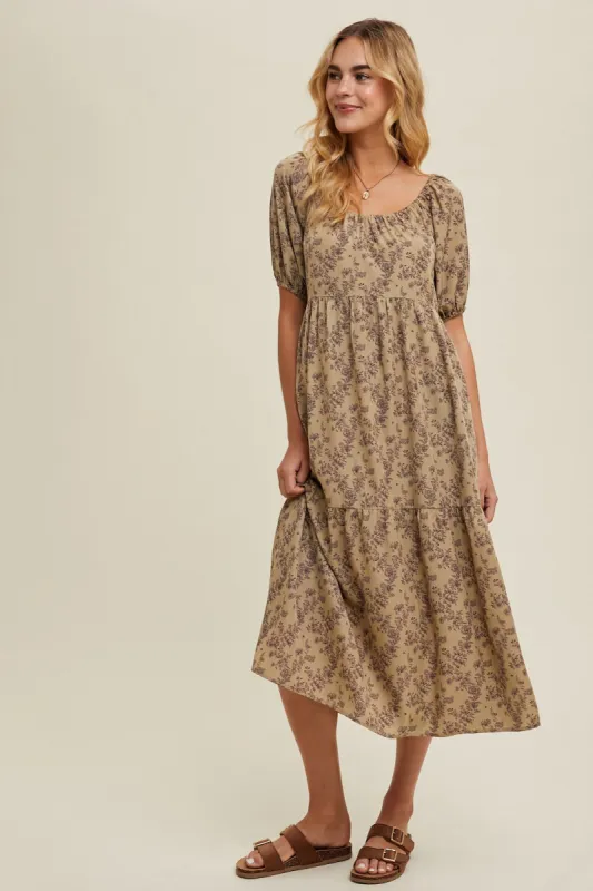Mocha Floral Ruffle Hem Midi Dress sold by Pinkblush