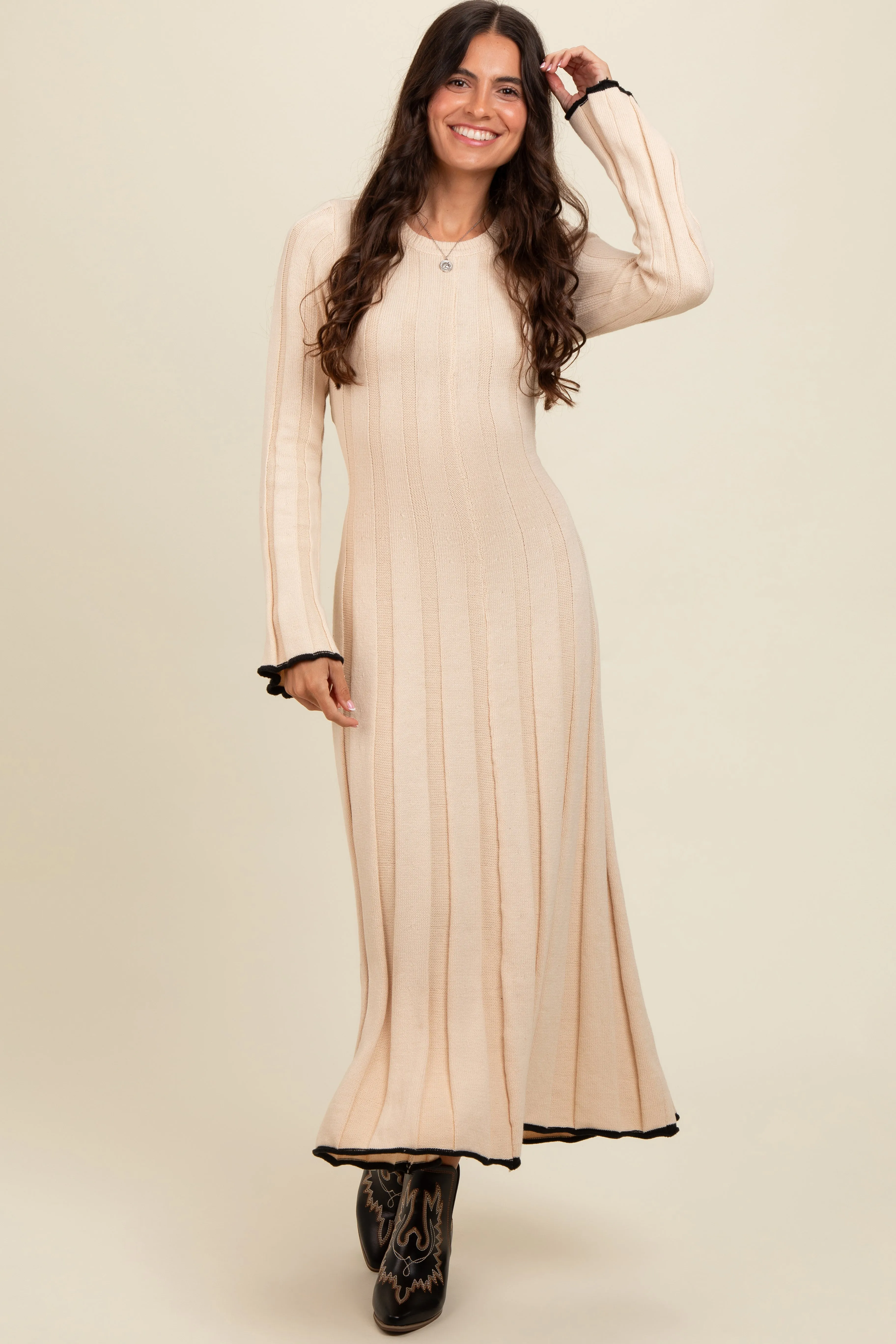 Cream Sweater Knit Bell Sleeve Back Cutout Maxi Dress sold by Pinkblush product image thumbnail 2
